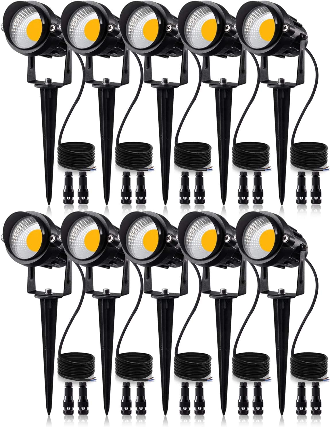 SUNVIE 12W Low Voltage LED Landscape Lights with Connectors, Outdoor 12V Super Warm White (900LM) Waterproof Garden Pathway Lights Wall Tree Flag Spotlights with Spike Stand (10 Pack with Connector)