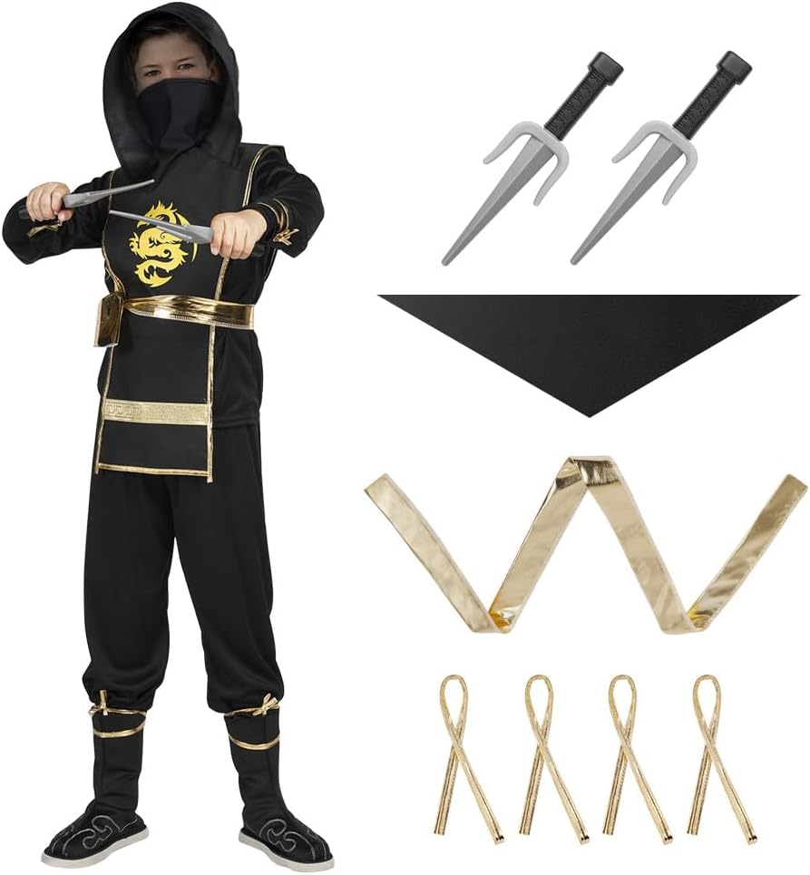 AOOWU Black Ninja Costumes for Kids, Ninja Deluxe Costumes Ninja Foam Accessories Sets Toys Halloween Costume Girls Boy, Black-Gold, S