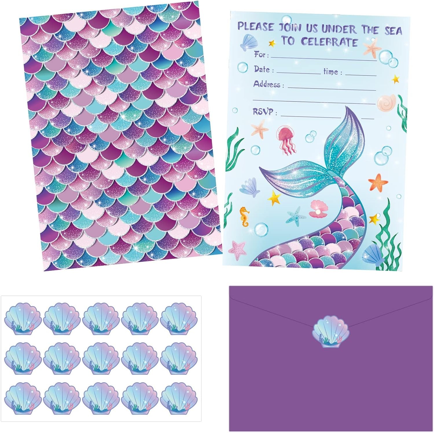 30 Pack Mermaids Birthday Invitation Mermaids Party Invitation Cards, 30 Mermaids Sticker Labels with 30 Envelopes under the Sea Party Decorations Supplies for Girls Ocean Birthday Party