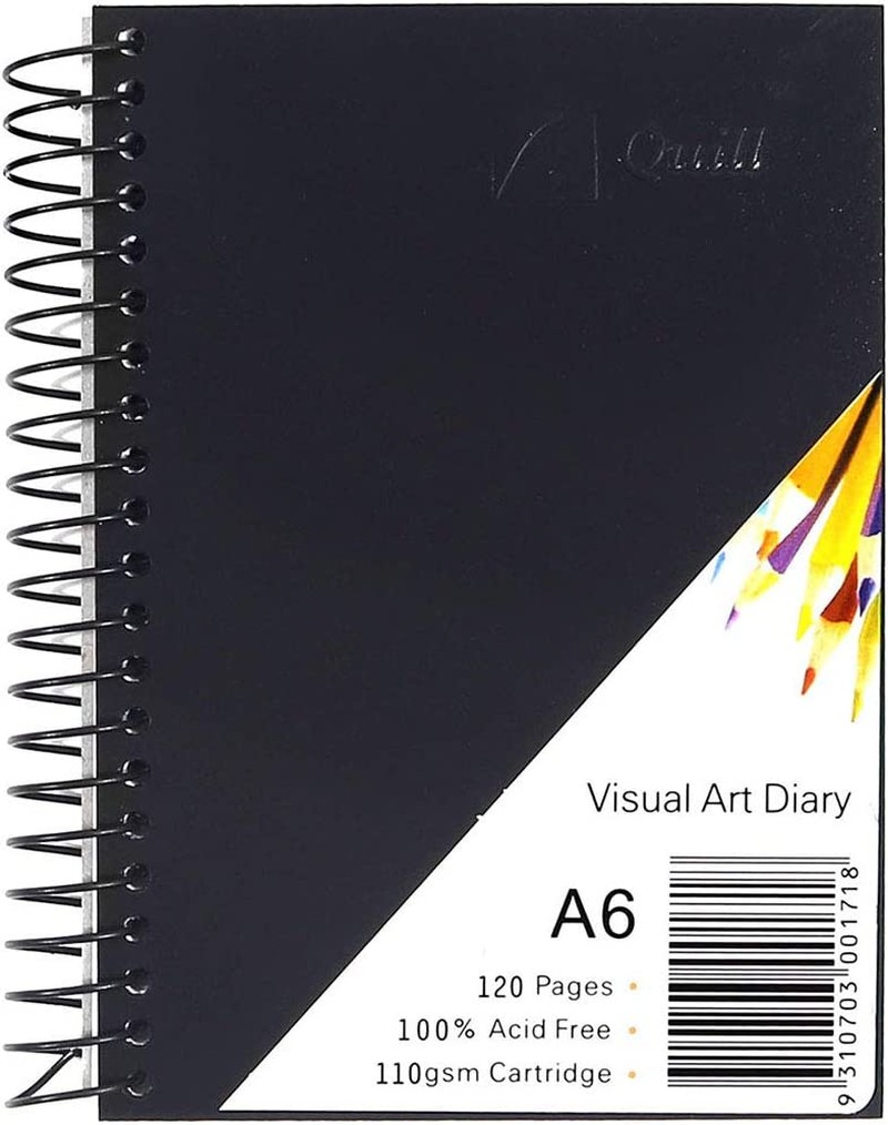 Quill, Visual Art Diary A6, 120 Pages, 110 GSM, Spiral Bound, Water Resistent Cover, Black