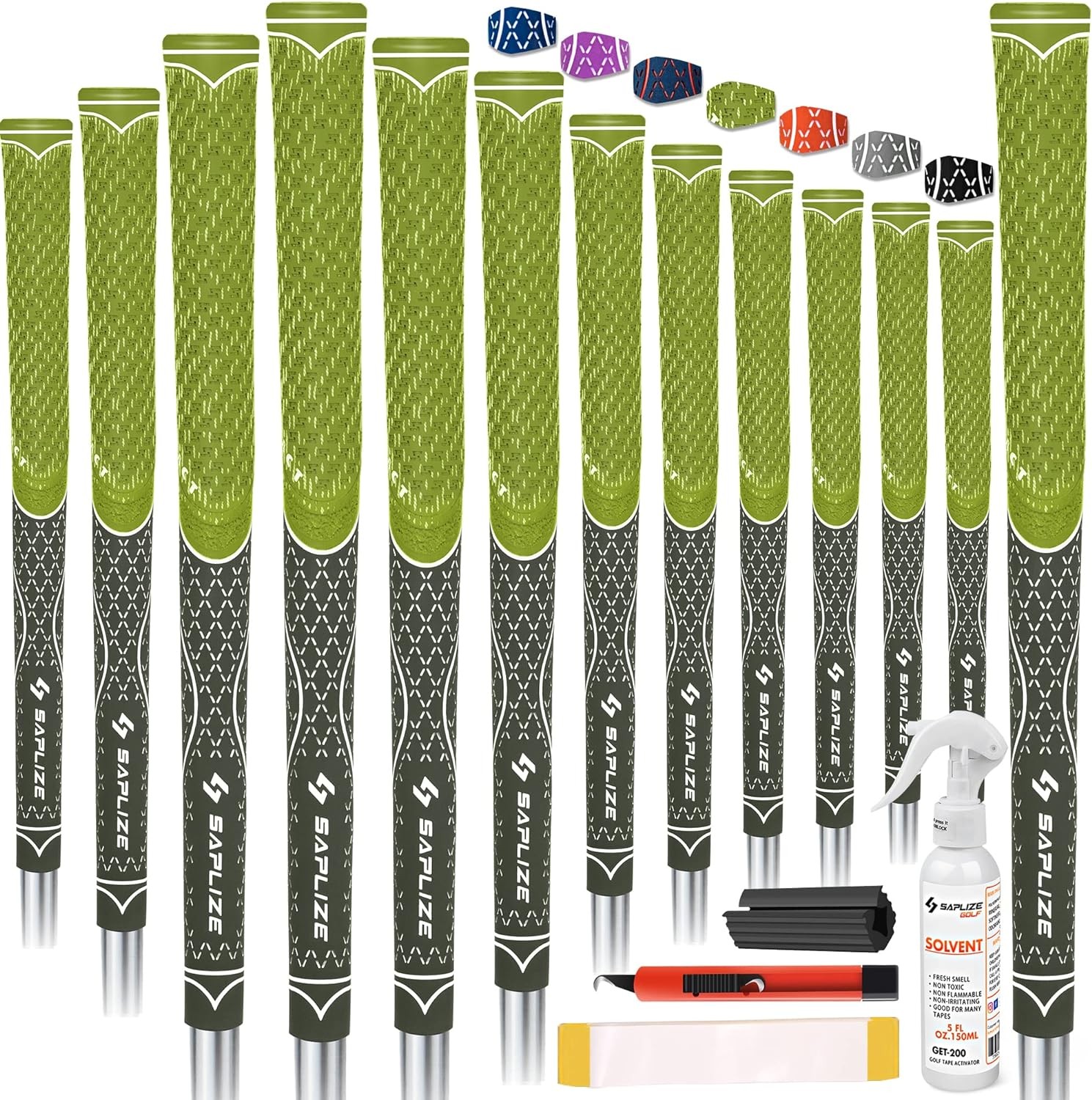 SAPLIZE 13 Pack Hybrid Golf Grips (CL07) with Full Regripping Kit, Innovative Design, Cross Corded Rubber Technology, Options of 7 Colors, Standard/Midsize, Multicompound Golf Club Grips