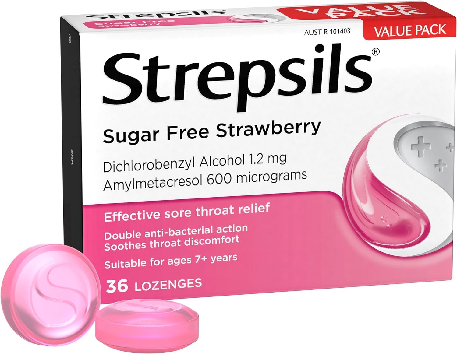 Strepsils Sugar Free Sore Throat Lozenges Pain Relief, Double Antibacterial, Strawberry, 36 Pack