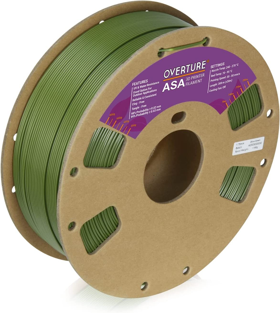 OVERTURE ASA Filament 1.75Mm, Premium Anti-Uv 3D Printer Filament, 1Kg Spool (2.2Lbs), Dimensional Accuracy +/- 0.03 Mm, Fit Most FDM Printer (Olive Green)