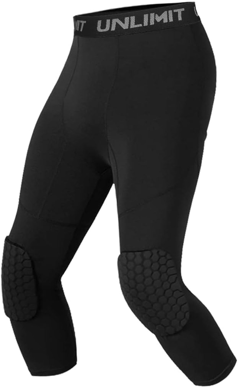 Unlimit for 4-16 Yrs, Youth Basketball Pants with Knee Pads, 3/4 Capri Compression Pants for Boys