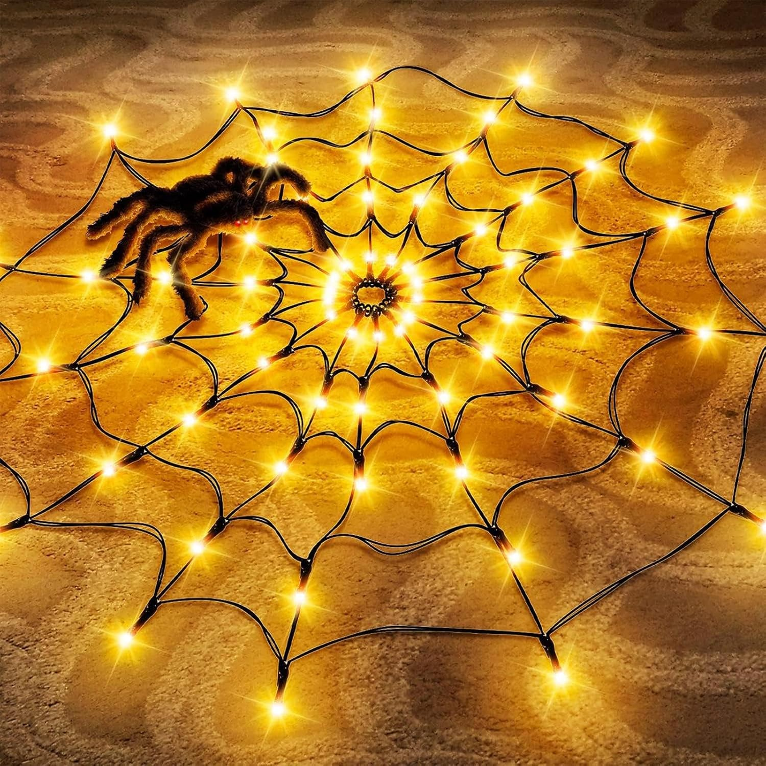 Halloween Spider Web Lights with Black Spider, Usb/Battery Operated Halloween Decorations Spider Web Lights, LED Light up Spider Web Decoration, Fake Spiderweb Decor Prop for Haunted House