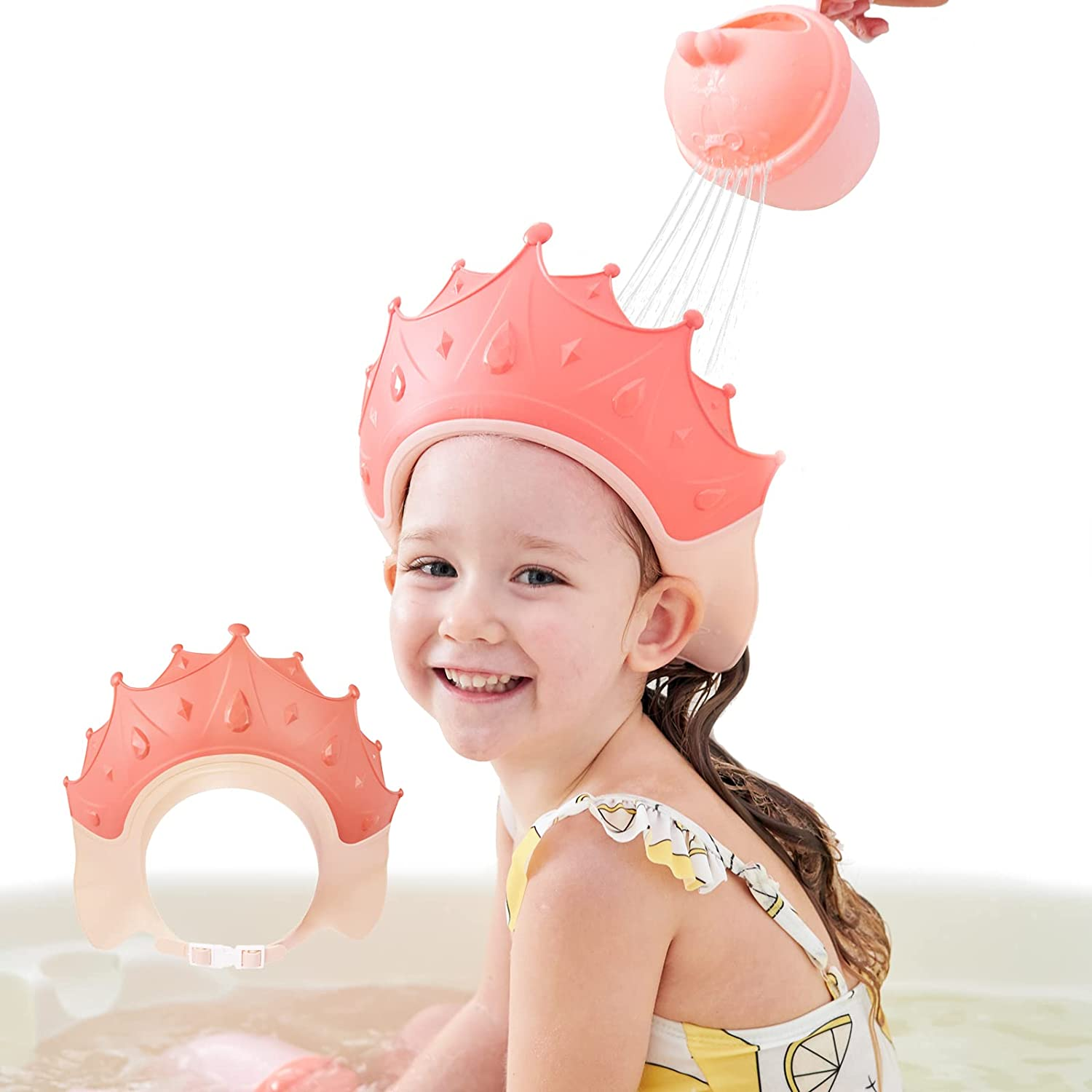 FUSACONY Shower Cap Shield for Kids, Visor Hat for Eye and Ear Protection for 0-9 Years Old Children, Cute Crown Shape Makes the Baby Bath More Fun (Pink)