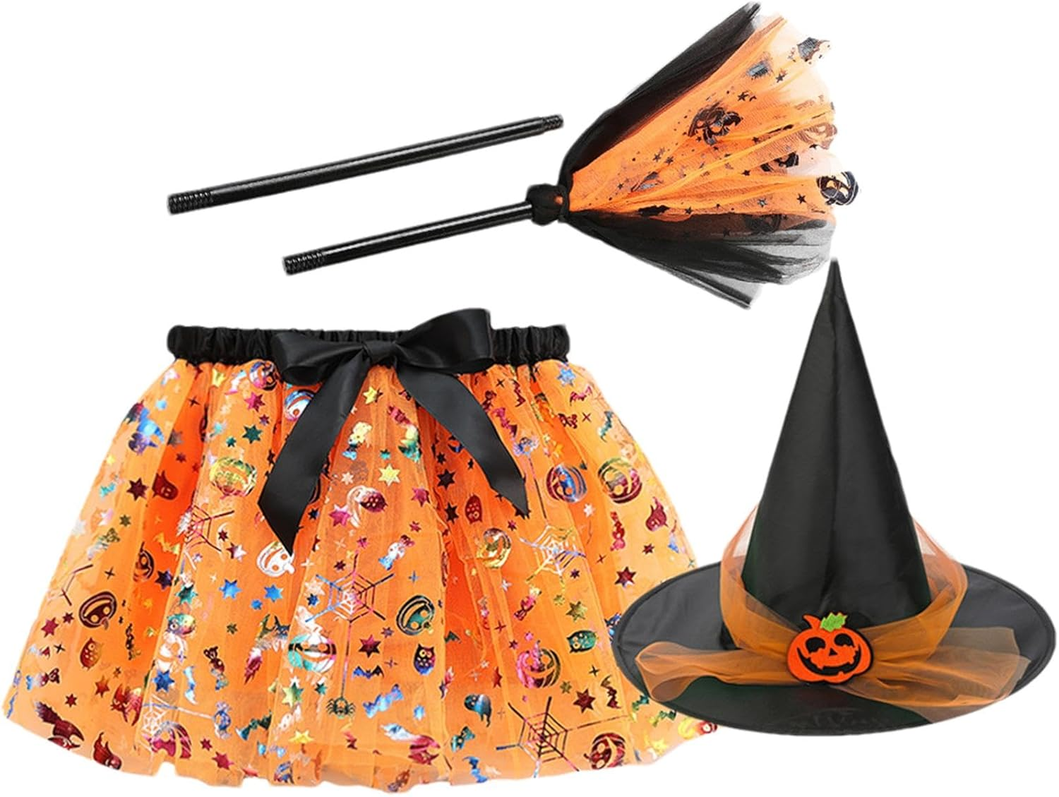 Kids Witch Costume – Halloween Witch Tutu Skirt – Dress up Witch Costume, Witch Girl Skirt with Witch Hat and Broom for 2-8 Years Old Halloween Cosplay Party Decoration