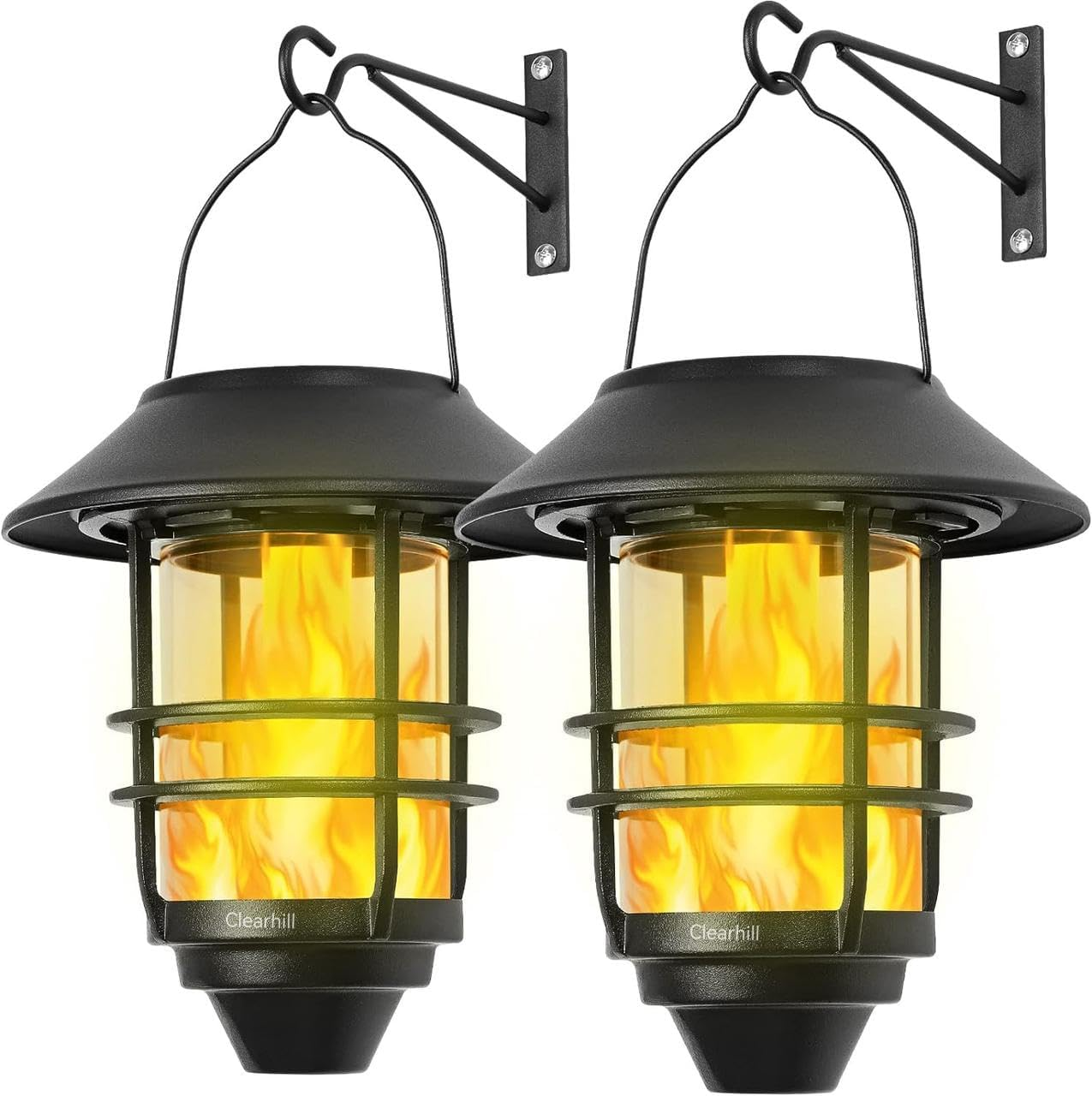 Clearhill 2 Pack Aluminium Solar Wall Lantern Outdoor, Hanging Solar Flickering Flames Lights Outdoor, Hanging Solar Lamps Wall Mount for Front Porch, Patio and Yard