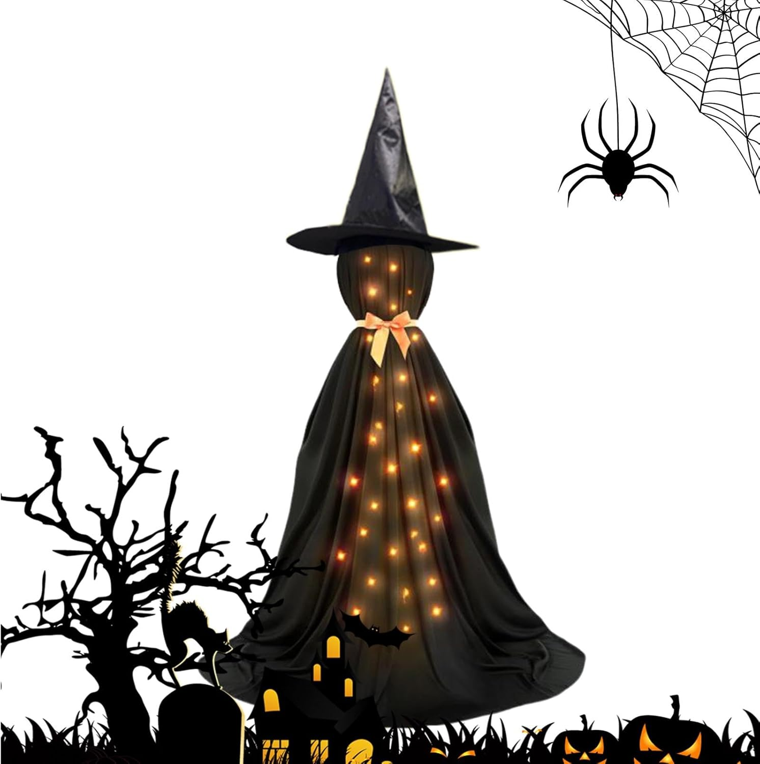 Plsyyuw Light Witch Decor – 2X Scary Witches with Hats Props – Witch Decorations Outdoor Standing Witch Props with Light Strings for Graveyard Lawn Yard Garden