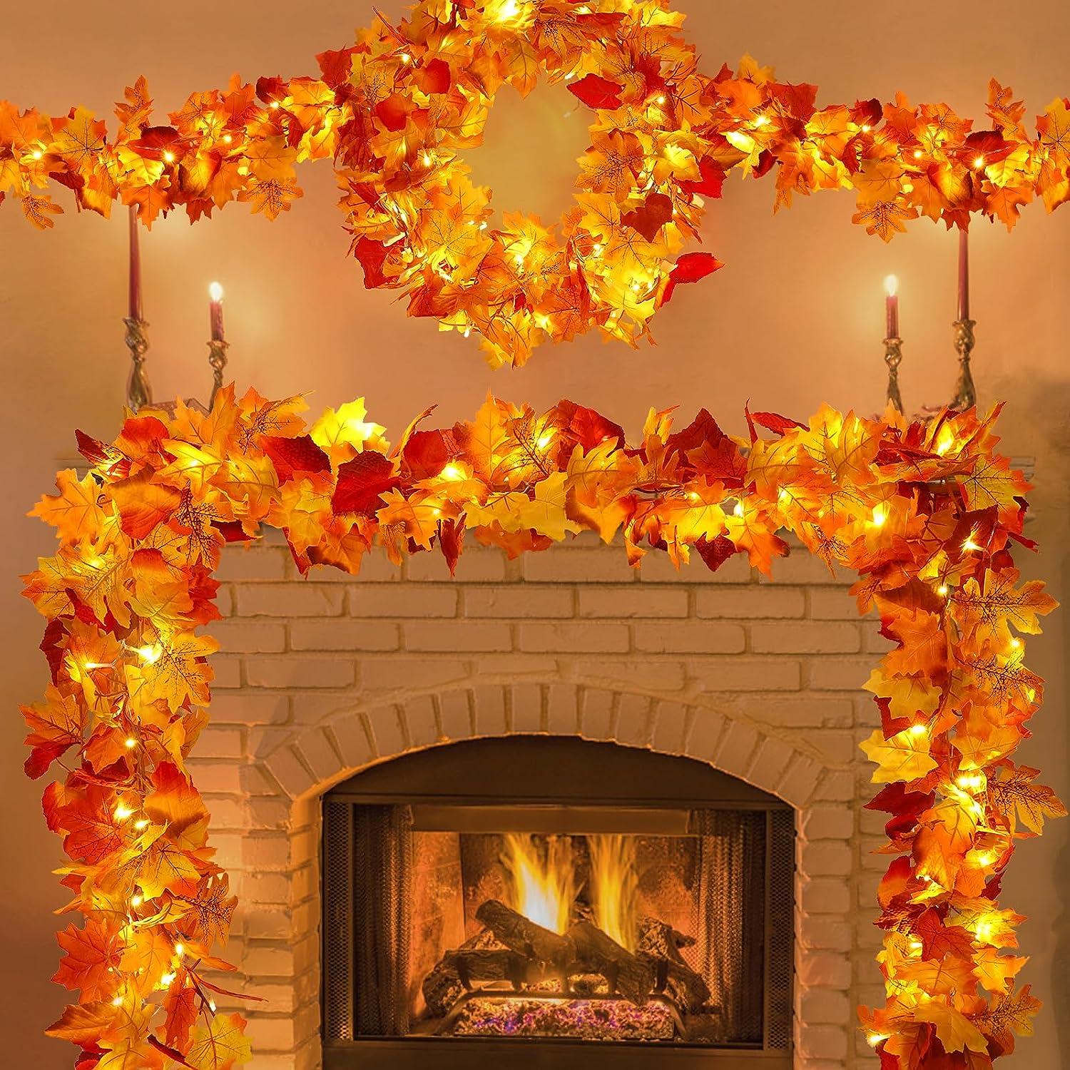 2 Pack Fall Decor for Home Thanksgiving Decorations Lighted Fall Garland Maple Leaves Total 11.8FT 40 LED Battery Operated Indoor Outdoor String Lights Garland Autumn Harvest Party Halloween Decor