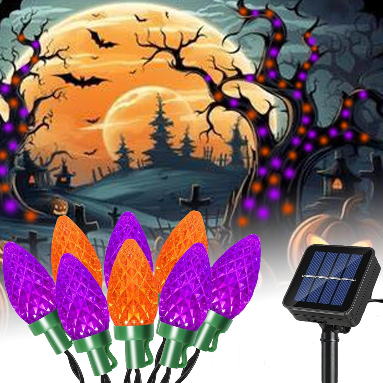 L LAMPOP Solar Halloween Lights Outdoor Waterproof Orange Purple String Lights Halloween Decorations Outdoor Lights with 8 Modes for Halloween Party Patio Garden Tree Yard