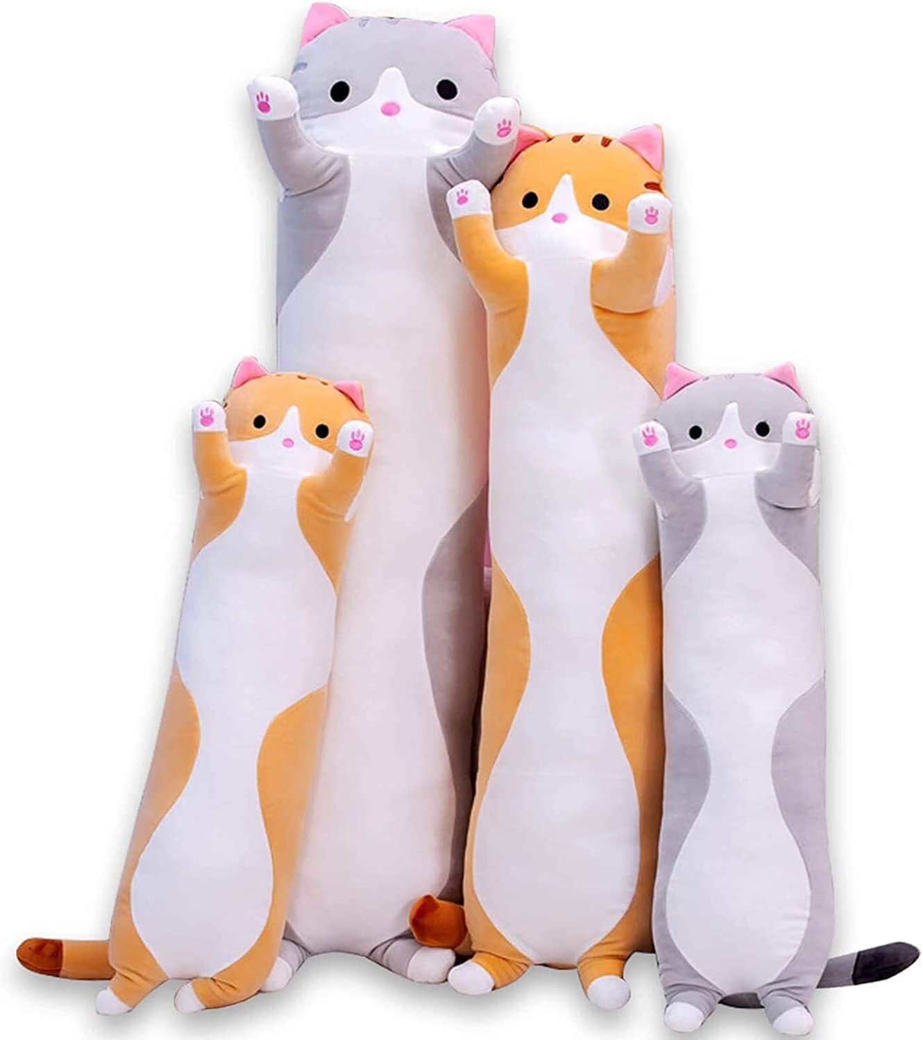 Cute Cat Plush Long Body Pillow Cuddle Cartoon Stuffed Animals Cat Plushie Soft Doll Pillows Gifts for Kids Girls (Orange, 27″)