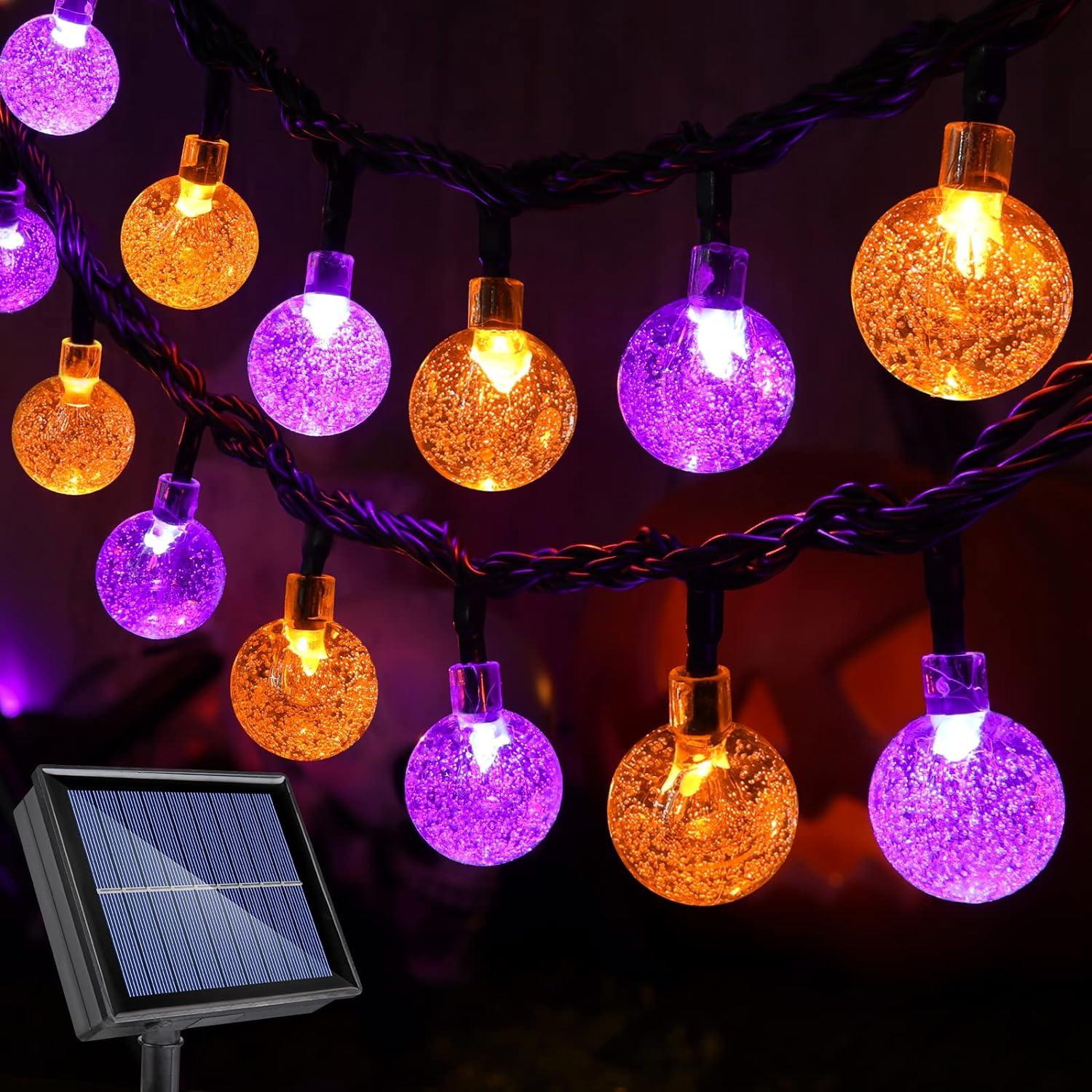 Lomotech Orange Purple Solar Halloween Lights, 72FT 100 LED Halloween Globe Lights, 8 Modes Waterproof Halloween Lights for Halloween Decoration