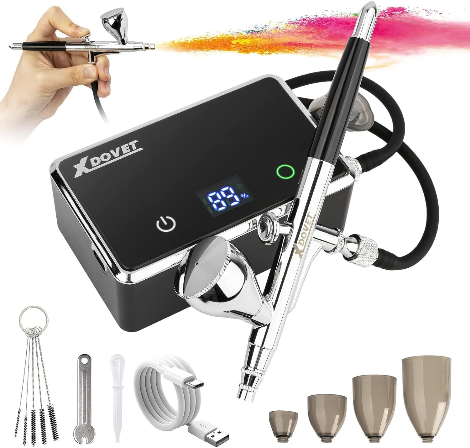 Airbrush Dual Action with Compressor – Paint Cup and Cleaning Tools and Type-C for Charging – Upgraded Airbrush Kit for Nail Art, Make-Up, Cake Decor, Model Painting