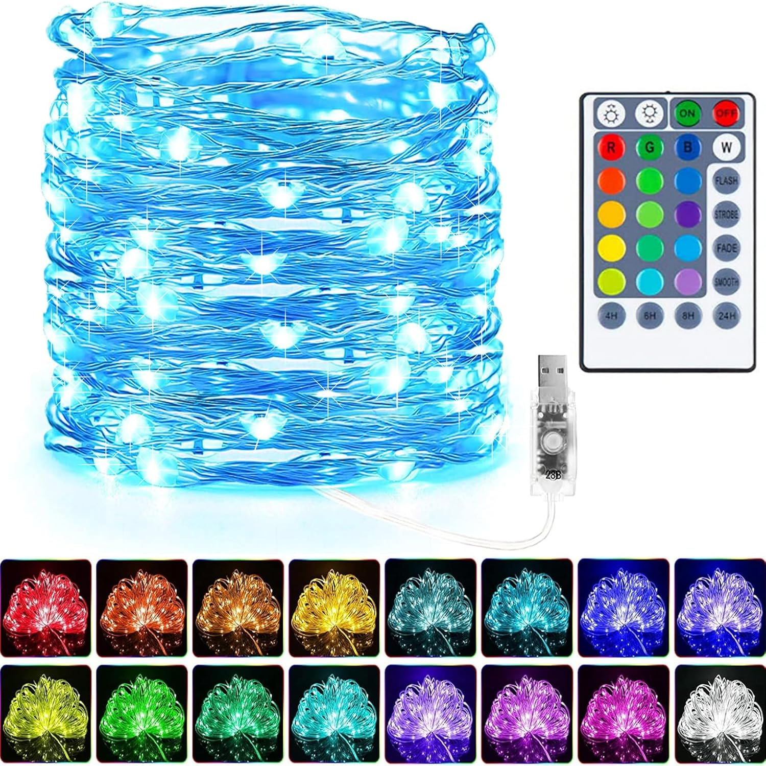 TCUSFO USB Fairy String Lights, 33Ft 100 LED Waterproof 16 Colors Changing Sliver Wire Lights with 4 Lighting Modes Remote Control for Craft Bedroom Ceiling Christmas Decoration, Multicolor