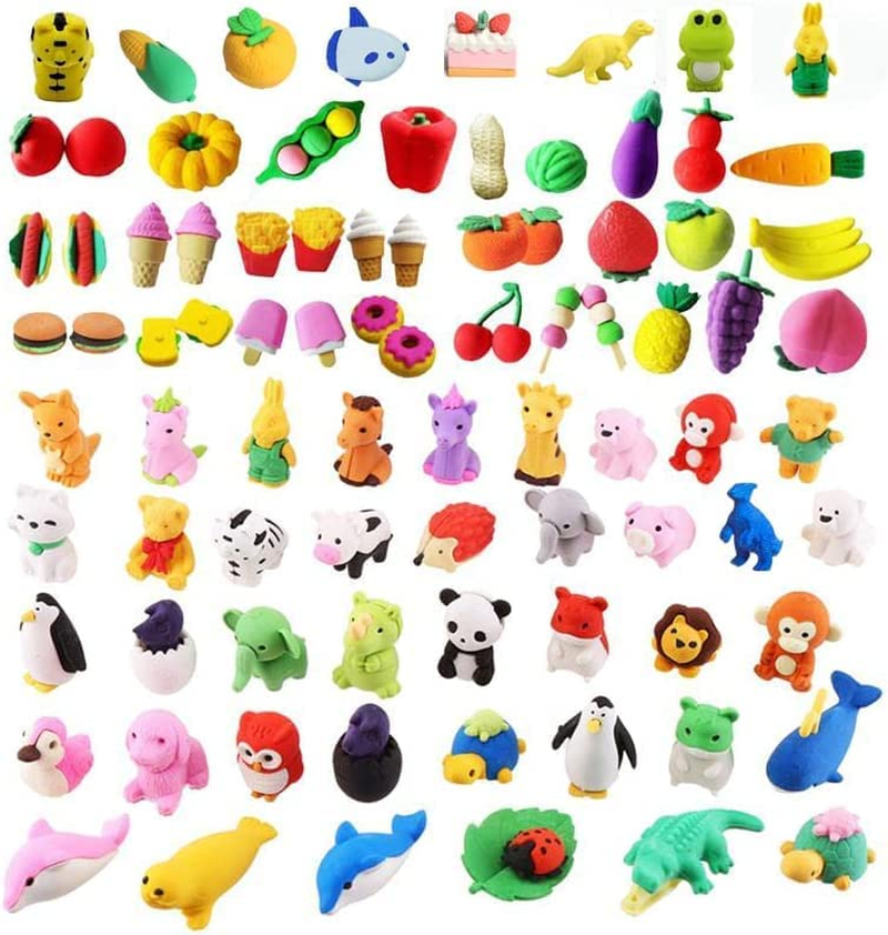 80 PCS Japanese Erasers(Animal,Fruit,Vegetable,Dessert), Bulk Kids Pencil Erasers for Classroom Rewards, Party Favors, Games Prizes, Carnivals Gift and School Supplies(Random Designs)