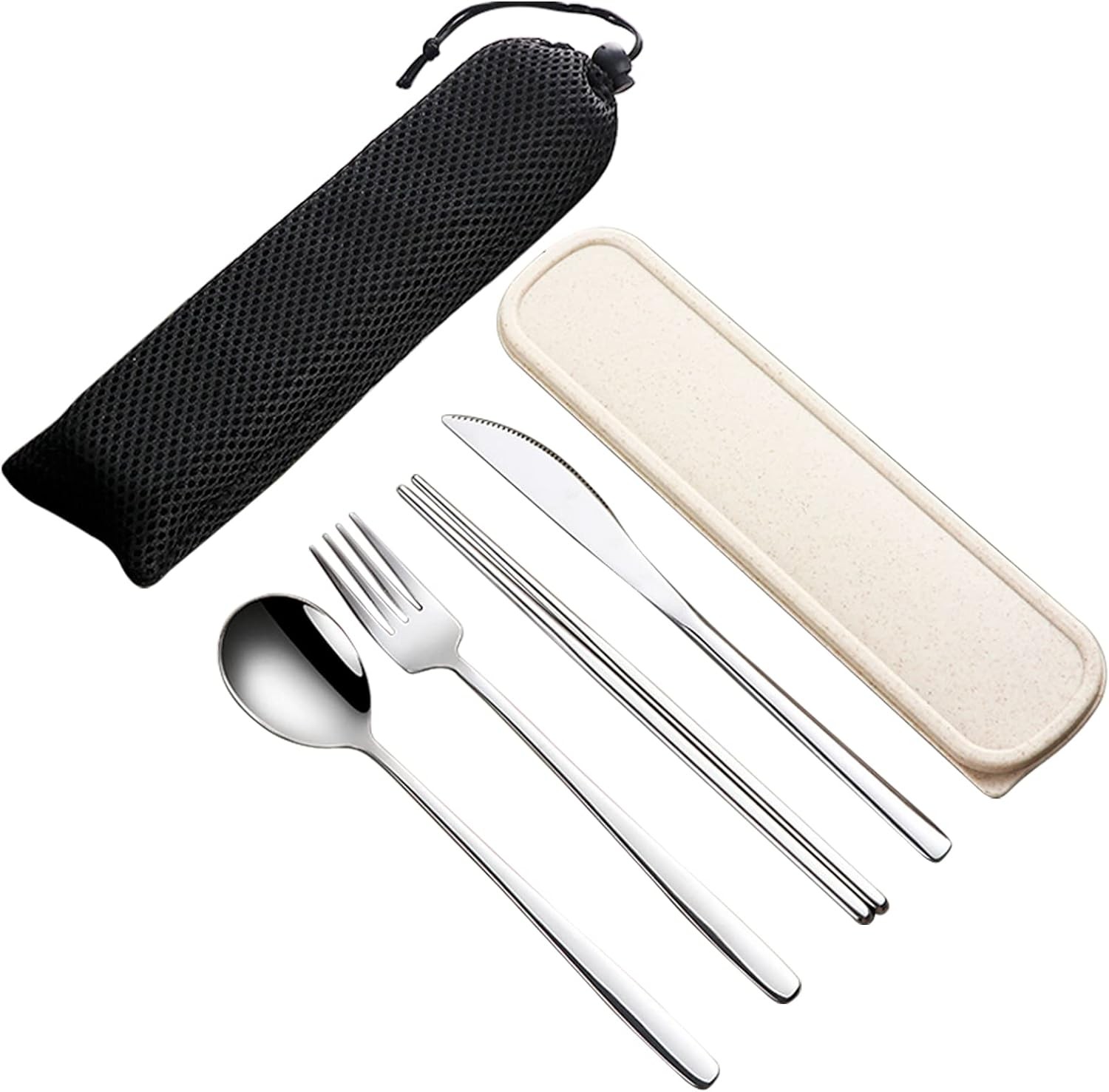 VANRA 4-Piece Portable Travel Utensils Set with Case 18/8 Stainless Steel Flatware Set Reusable Cutlery Set with Fork Spoon Knife Chopstick for Lunch Travel Camping School Work Picnic (Silver)