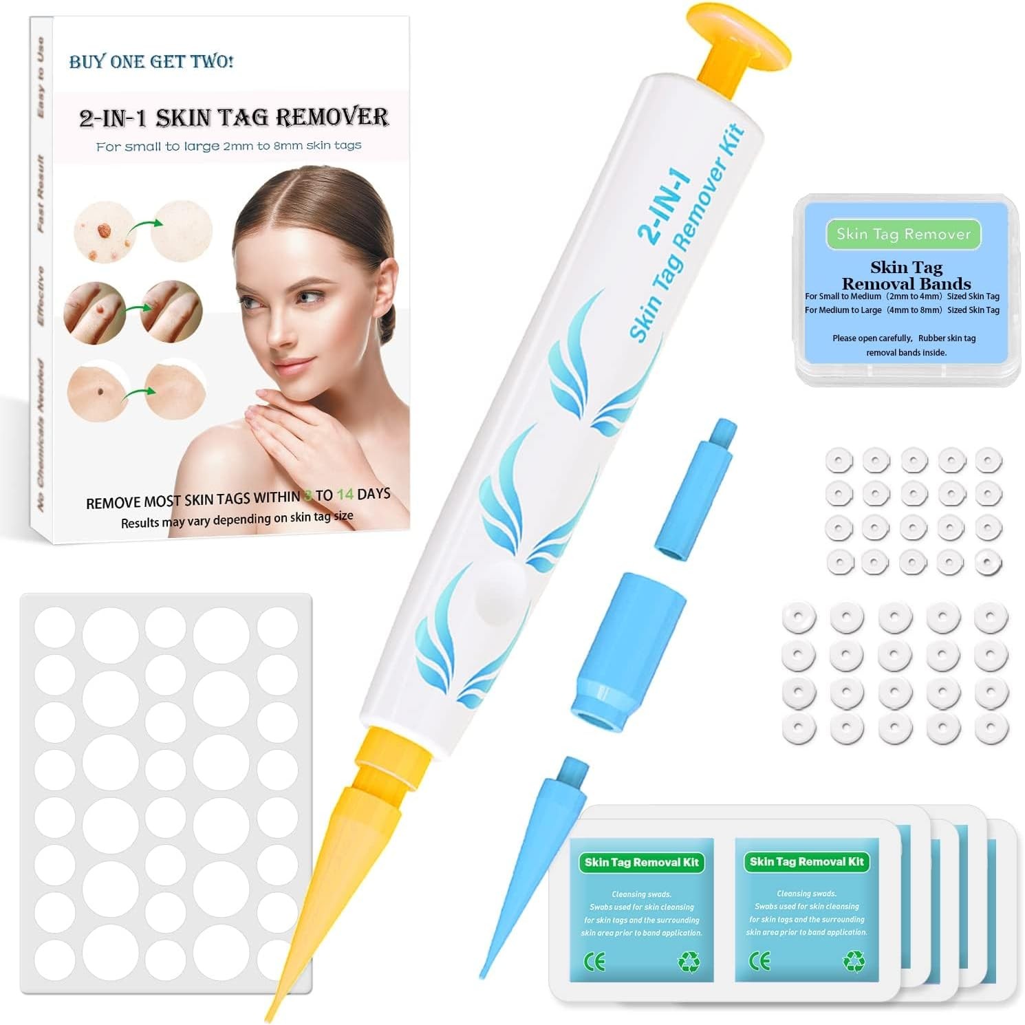 Auto Skin Tag Removal Pen – Skin Tag Remover 2 in 1 Standard and Micro 36Pcs Repair Patches Safe for Small to Large (2Mm to 8Mm) Sized Skin Tags for Most Body (Automatic Yellow)