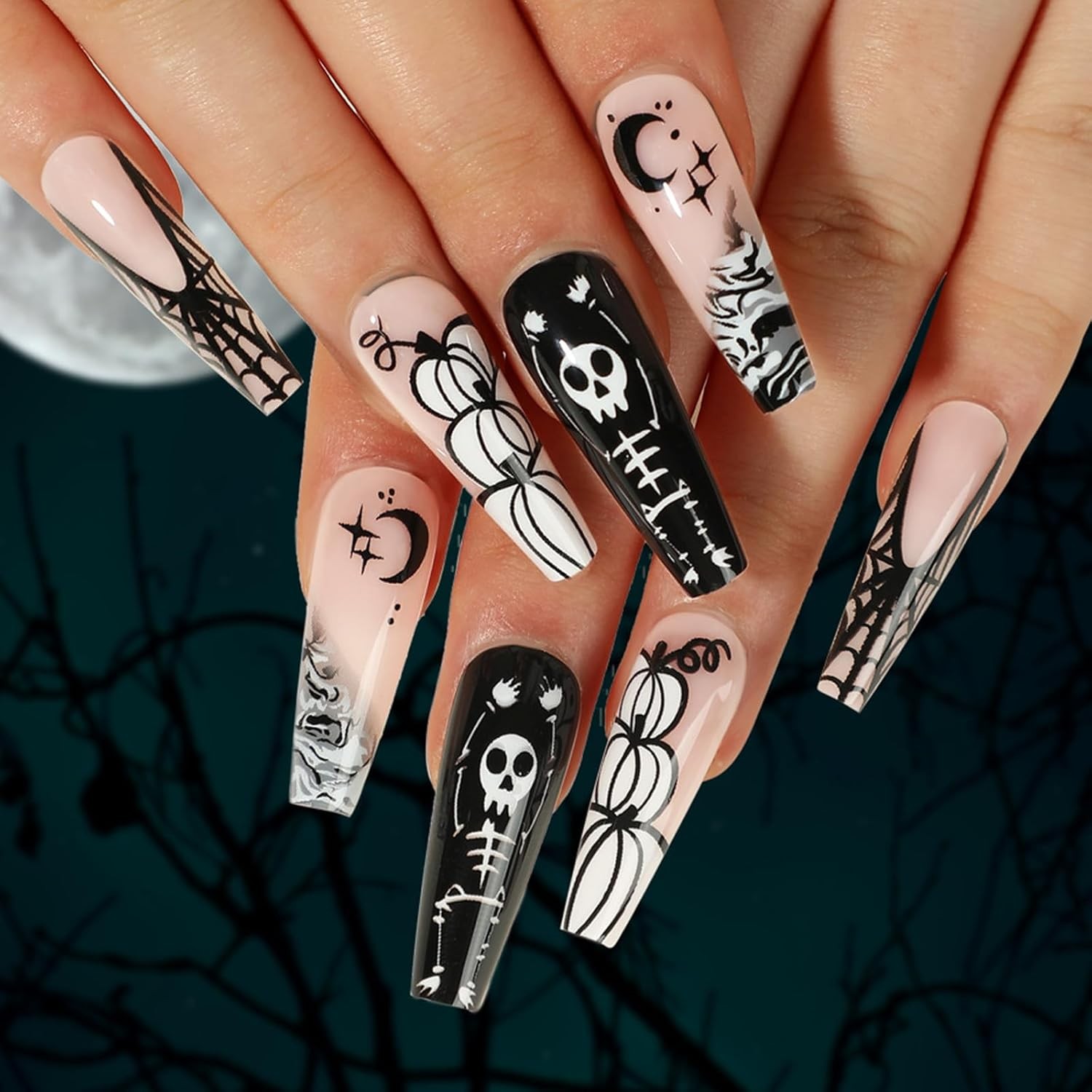 Yatinkim Fake Nails Halloween Long Coffin Stick on Nails Faux Press on Nail Spider Web Skull Pumpkin Glossy Ballerina Acrylic Manicure Thanksgiving 24Pcs