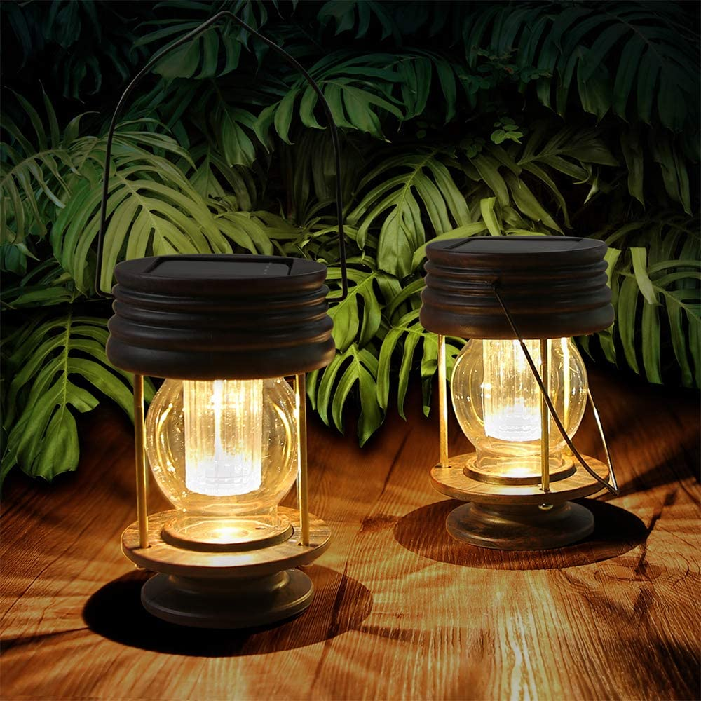 Pearlstar Solar Lantern Outdoor Waterproof Hanging Solar Garden Lights – 2 Pack Solar Powered Landscape Christmas Lanterns with Retro Design for Patio, Yard, Garden and Pathway Decor (Warm Light)