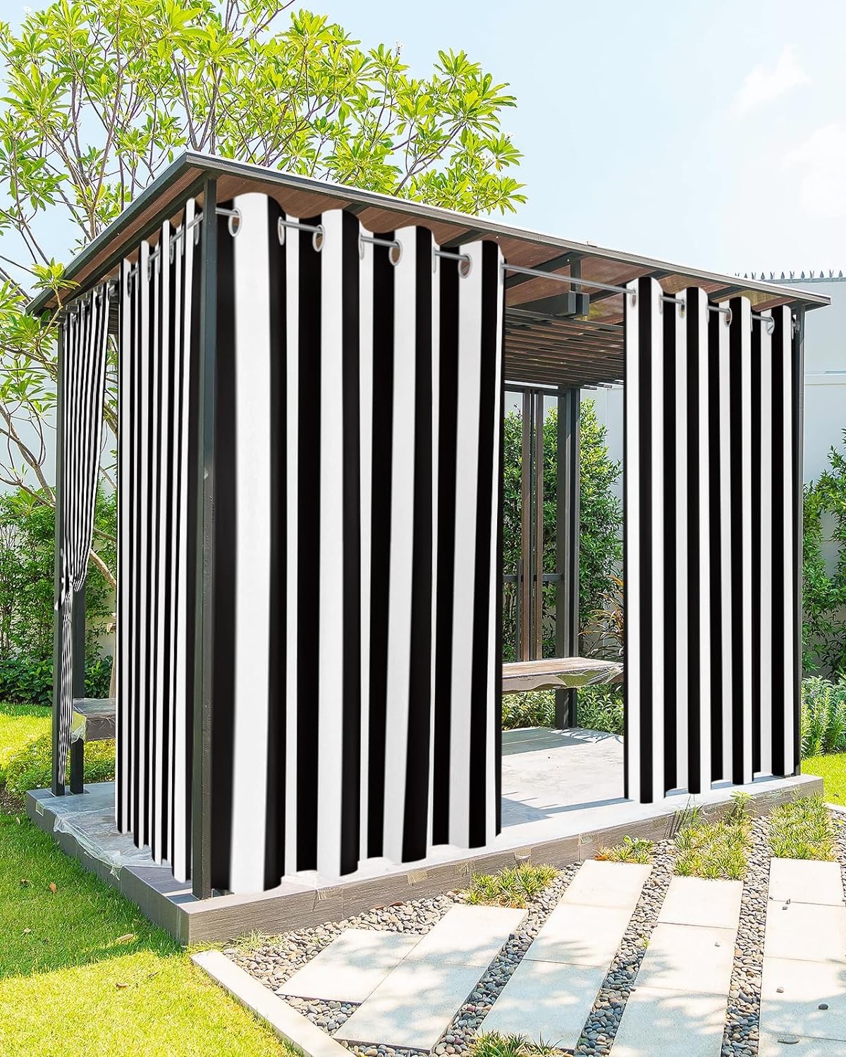 Outdoor Curtains for Patio Waterproof, Black and White Stripe outside Curtain 2 Panel, Simple Style Window Treatment Drapes Privacy Indoor/Outdoor Curtain for Porch Gazebo Pergola Cabana 54X95 Inch