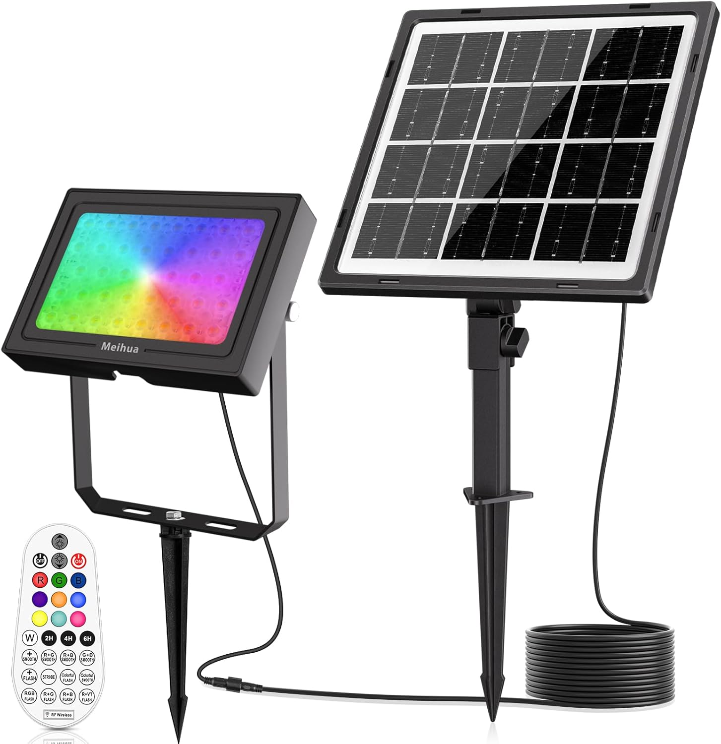 MEIHUA RGB Spotlight 30W LED Spotlight with Remote Control RF 360° Solar Spotlight IP66 Waterproof 10 Colors 12 Modes Timer Memory Function Spotlight Colored for Garden Party Christmas, SL-FL06