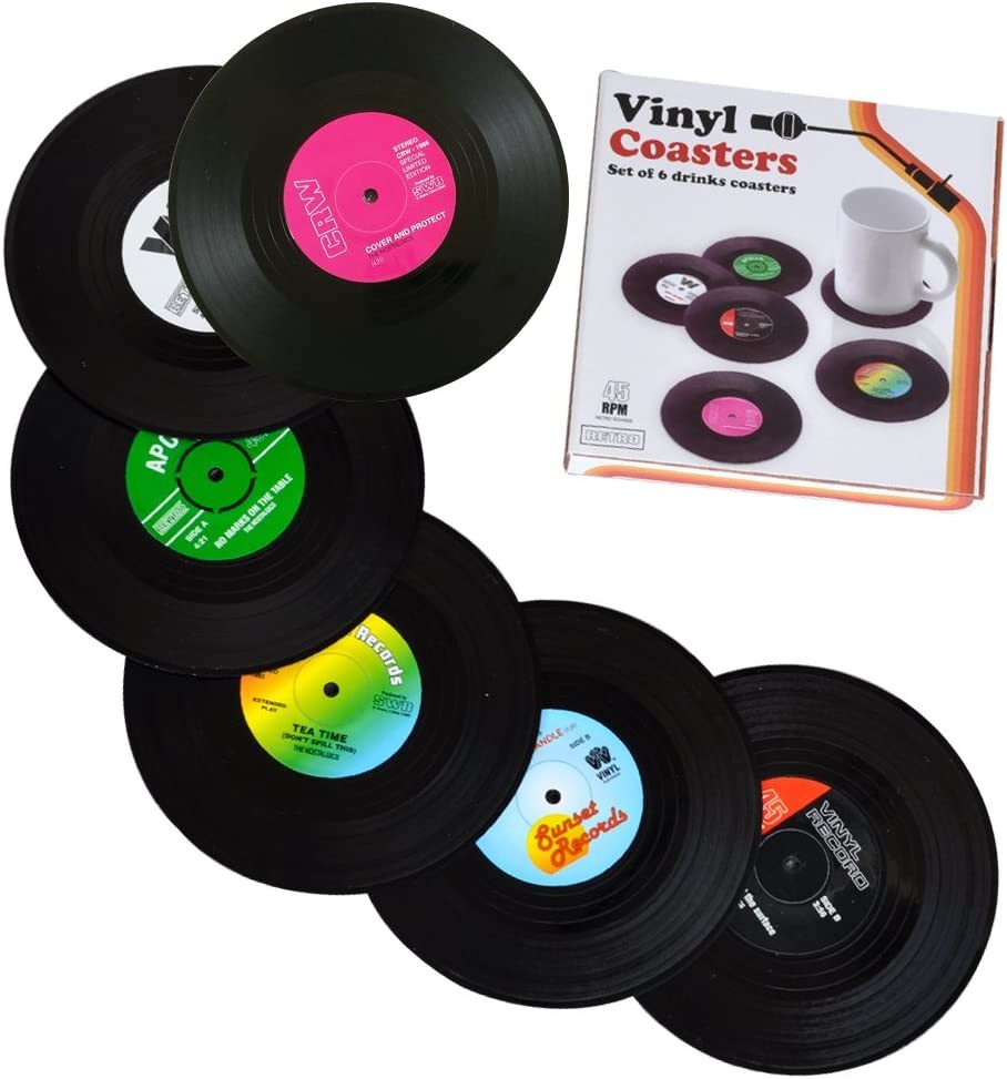 6Pcs Solid Retro CD Record Vinyl Coasters Mat/Pad for Home/Bar Coffee Tea Drink Use Insulate&Protect Furniture