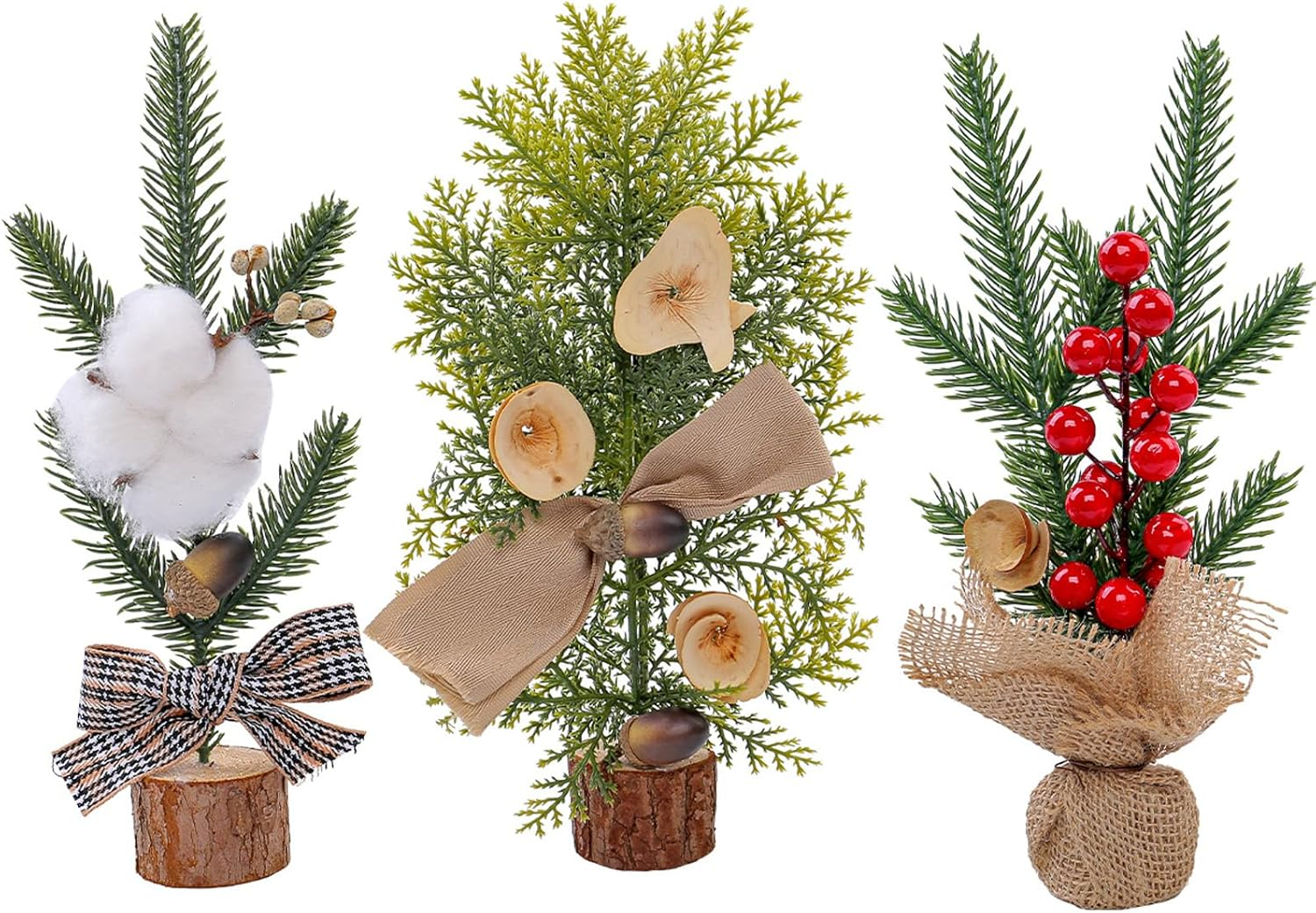 Bacucine Mini Christmas Trees Christmas Decorations 3PCS Artificial Trees with Red Berries Cotton Pine Leaves Small Christmas Tree for Office Party Christmas Decor