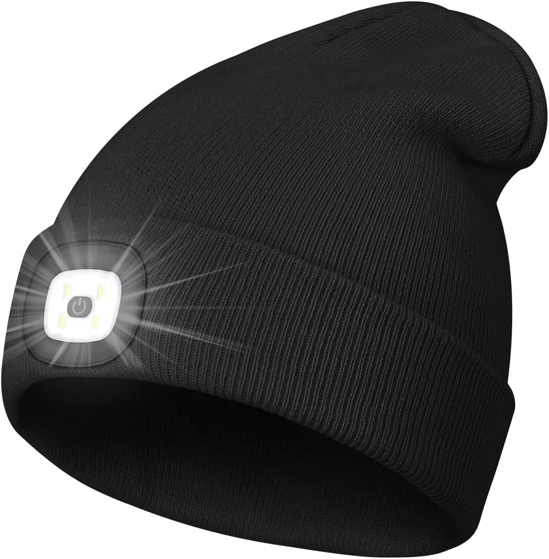 KAVAVO Beanie Hat with Light, Rechargeable USB LED Lighted Beanie Hat, Unisex Winter Warmer Knitted Hat for Night Walks, Fishing, Camping, Hunting