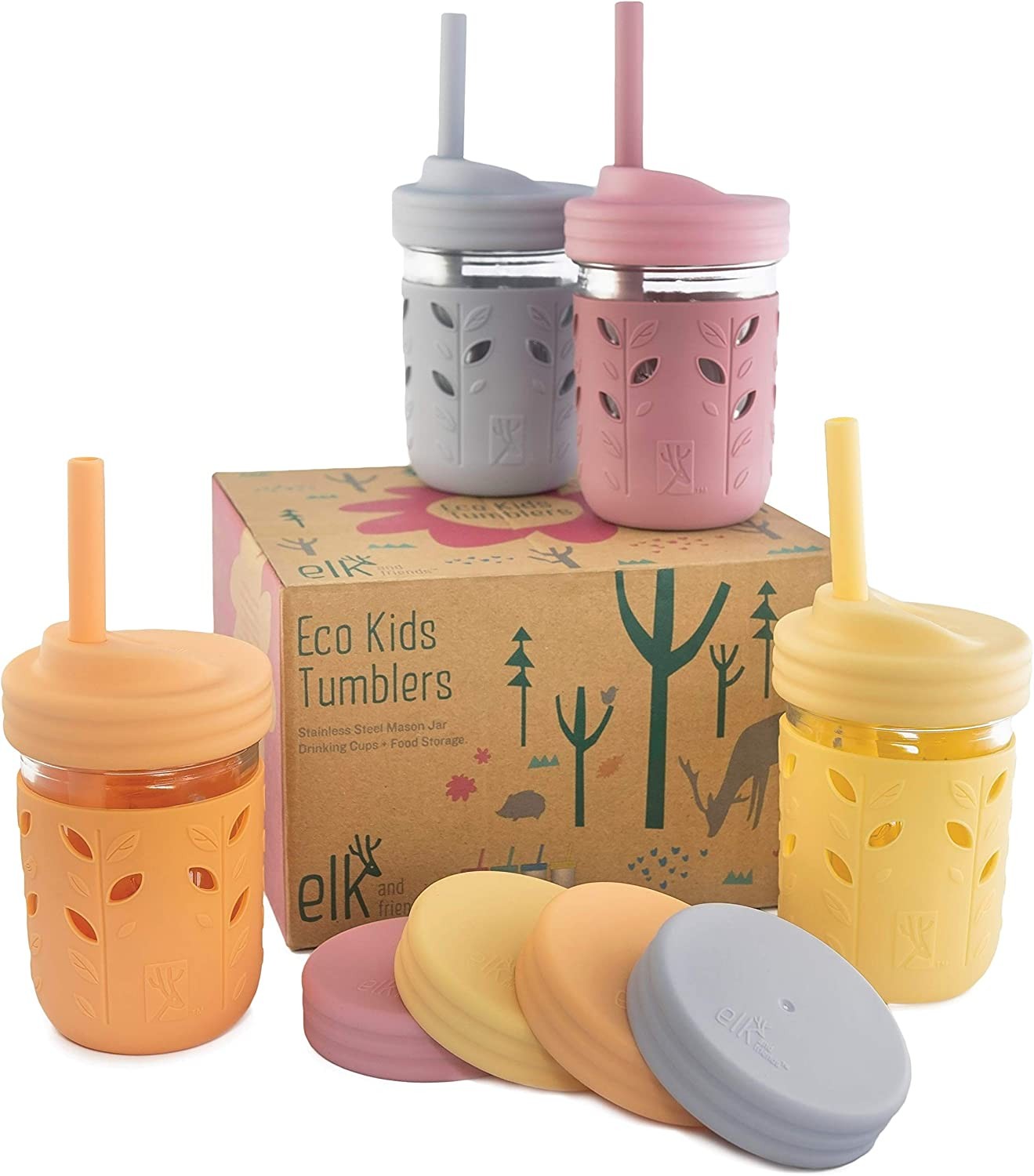 Elk and Friends Kids & Toddler Cups | the Original Glass Mason Jars 8 Oz with Silicone Sleeves & Silicone Straws with Stoppers | Smoothie Cups | Spill Proof Sippy Cups for Toddlers