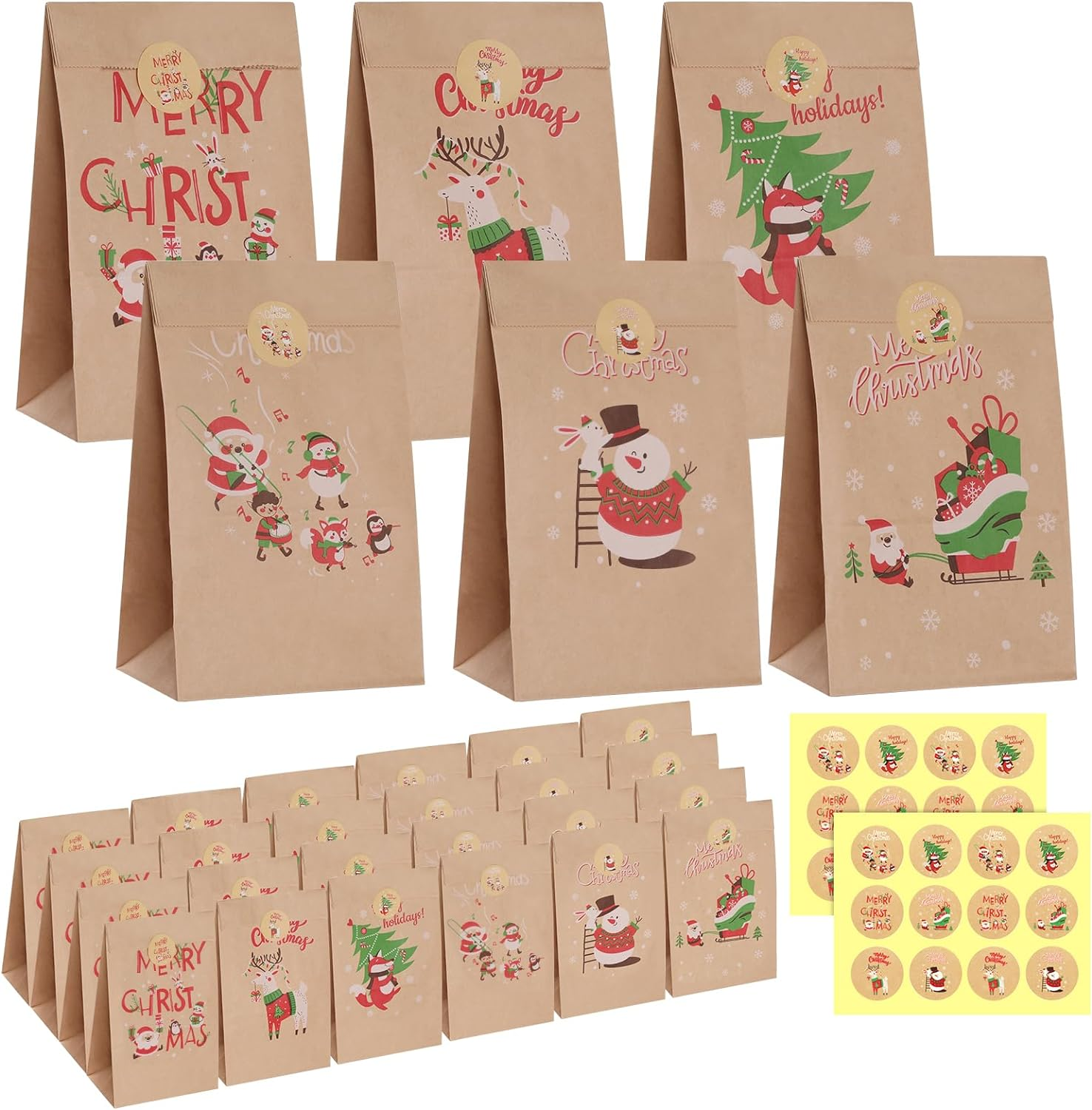 Simpeak 24Pcs 24 X 13 X 8Cm Paper Gift Bags with Christmas Stickers, Kraft Gift Bags Recyclable Christmas Paper Bags Shopping Bags with DIY Stickers Party Favor Bags for Kids Boys Girls Christmas