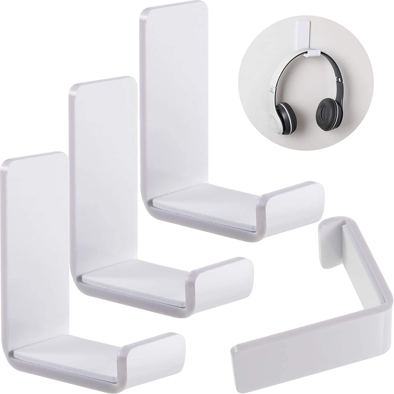 4 Pieces Acrylic Headphone Hook Headphone Hanger Holder with Adhesive Glues Headset Holder Mount for General Purpose Game Headphones (White)