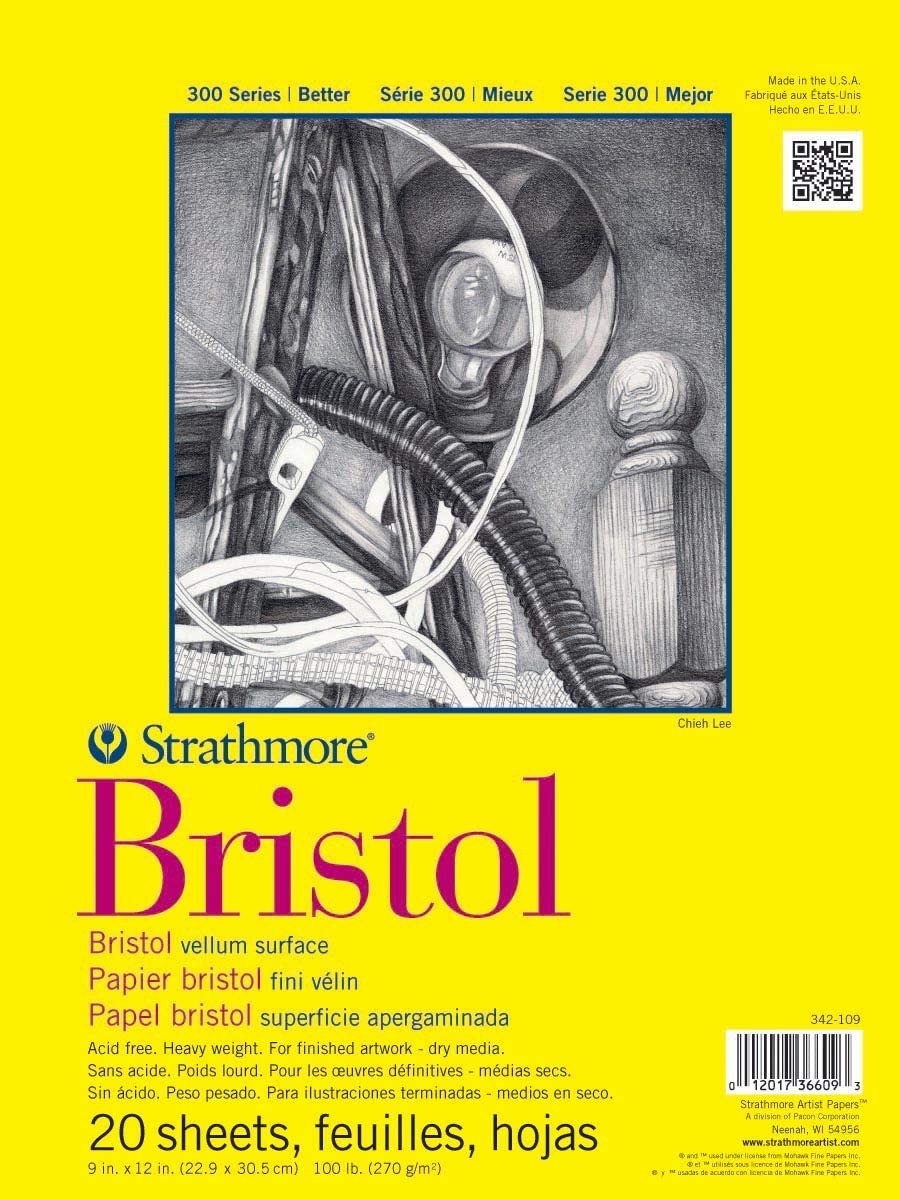 Strathmore 300 Series Bristol Paper Pad, Vellum, Tape Bound, 9X12 Inches, 20 Sheets (100Lb/270G) – Artist Paper for Adults and Students – Charcoal, Pen and Ink, Marker, and Pastel