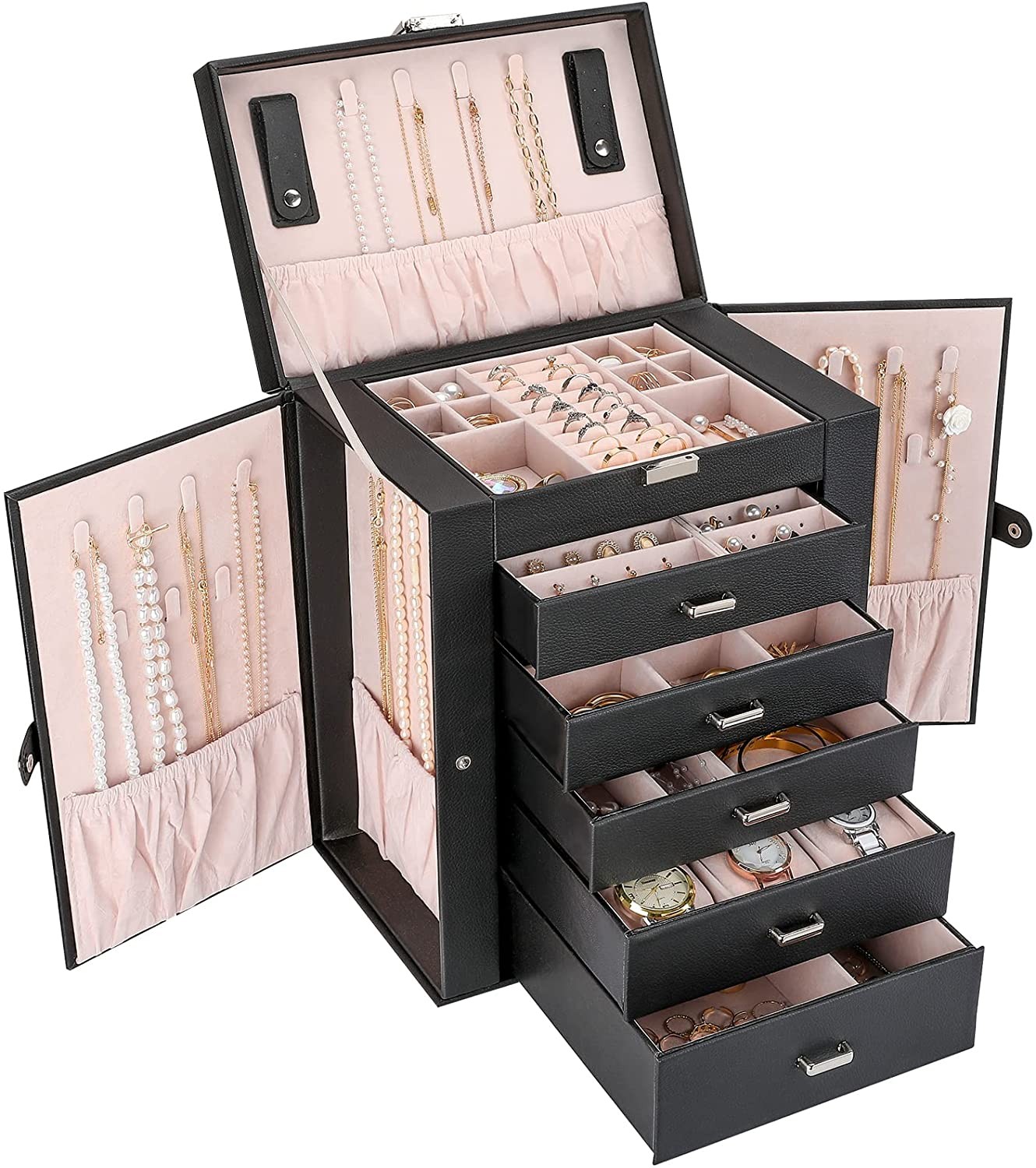 Procase Large Jewelry Organizer Box for Women Girls, 6 Layers Storage Display Holder Case with Drawers and Dividers for Earrings Necklaces Rings Bracelets Watches -Black