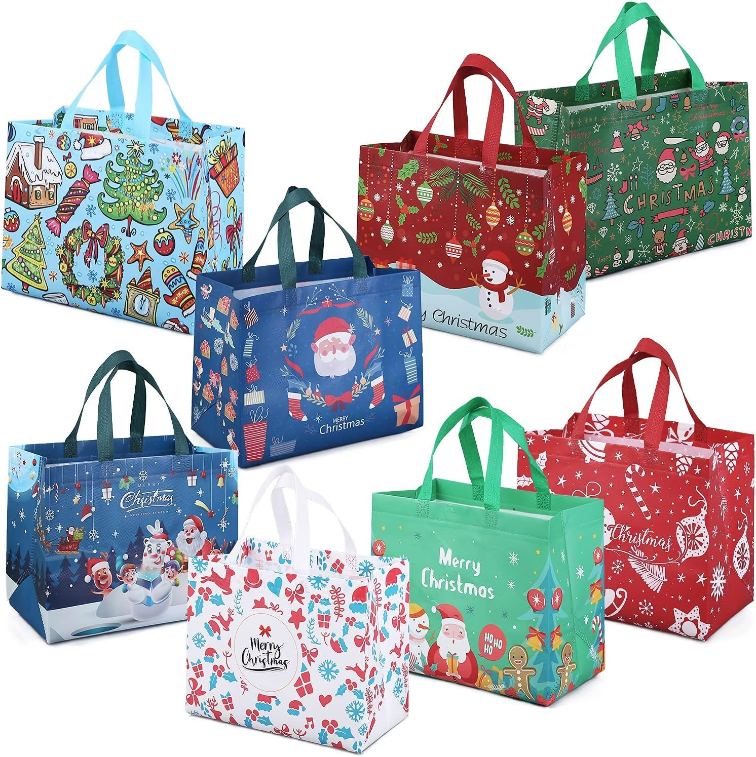 MOTYYA 8 PCS Christmas Tote Bags with Handles, Christmas Treat Gift Bags, Multifunctional Non-Woven Christmas Bags for Gifts Wrapping Shopping, Xmas Party Supplies, 32.5X25X17Cm