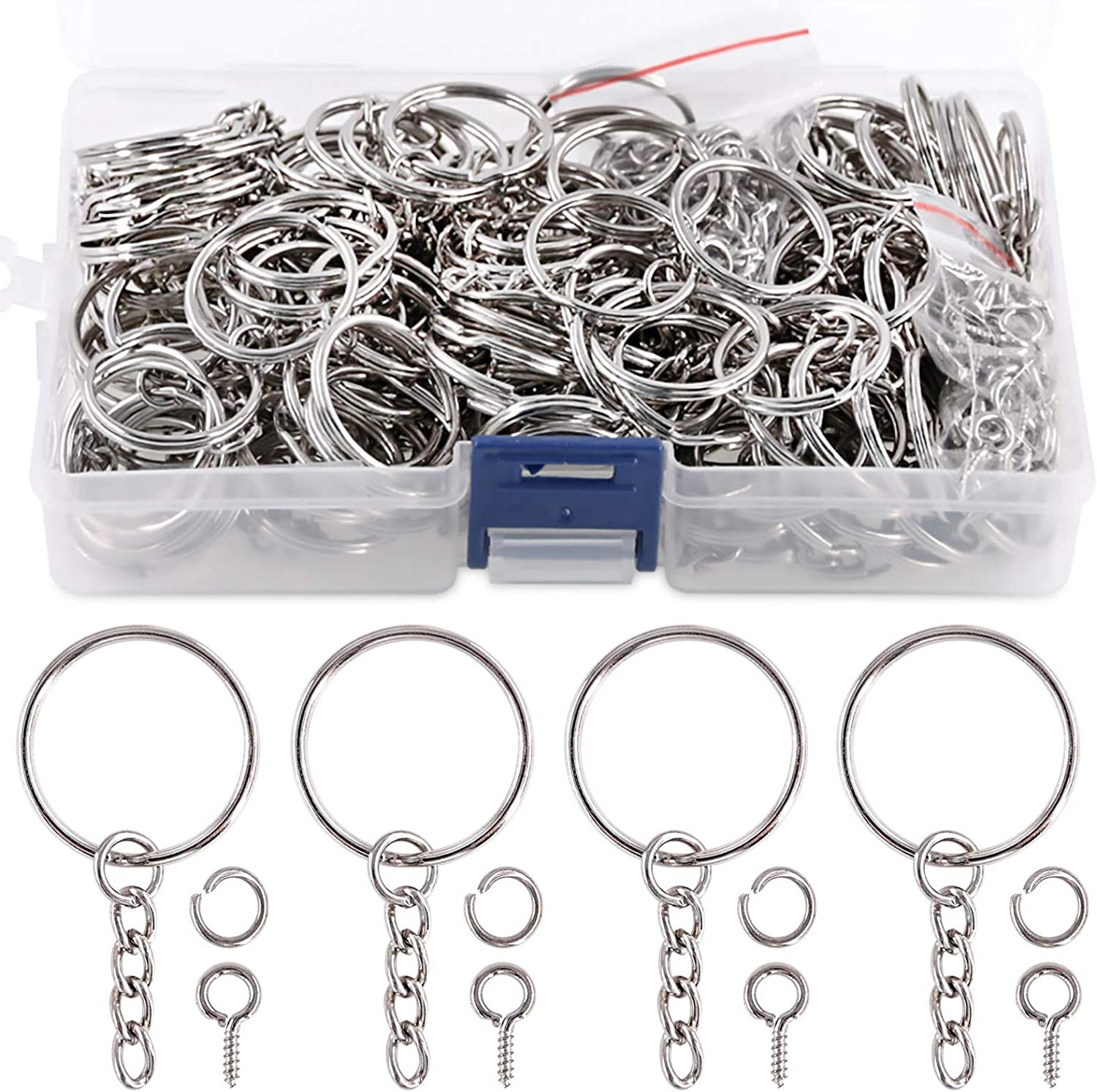 Swpeet 450Pcs 1″ 25Mm Sliver Key Chain Rings Kit, Including 150Pcs Keychain Rings with Chain and 150Pcs Jump Ring with 150Pcs Screw Eye Pins Bulk for Jewelry Findings Making (Sliver)