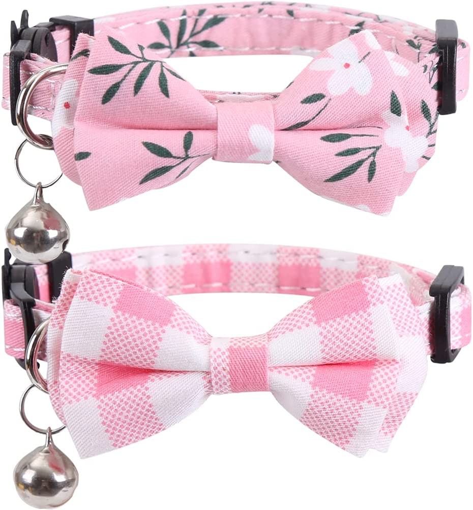 Lamphyface 2 Pack/Set Cat Collar Breakaway with Cute Bow Tie and Bell Plaid Flower for Kitty Adjustable Safety