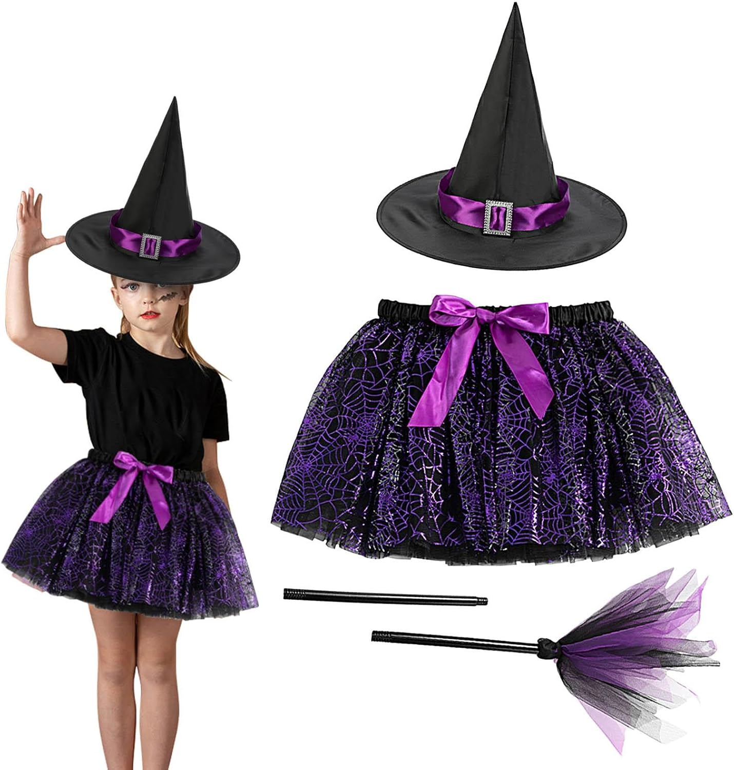 Halloween Witch Costume for Girls – Cosplay Party Dress Up,Violet Spider Web Witch Skirt with Lining for Halloween Outfits