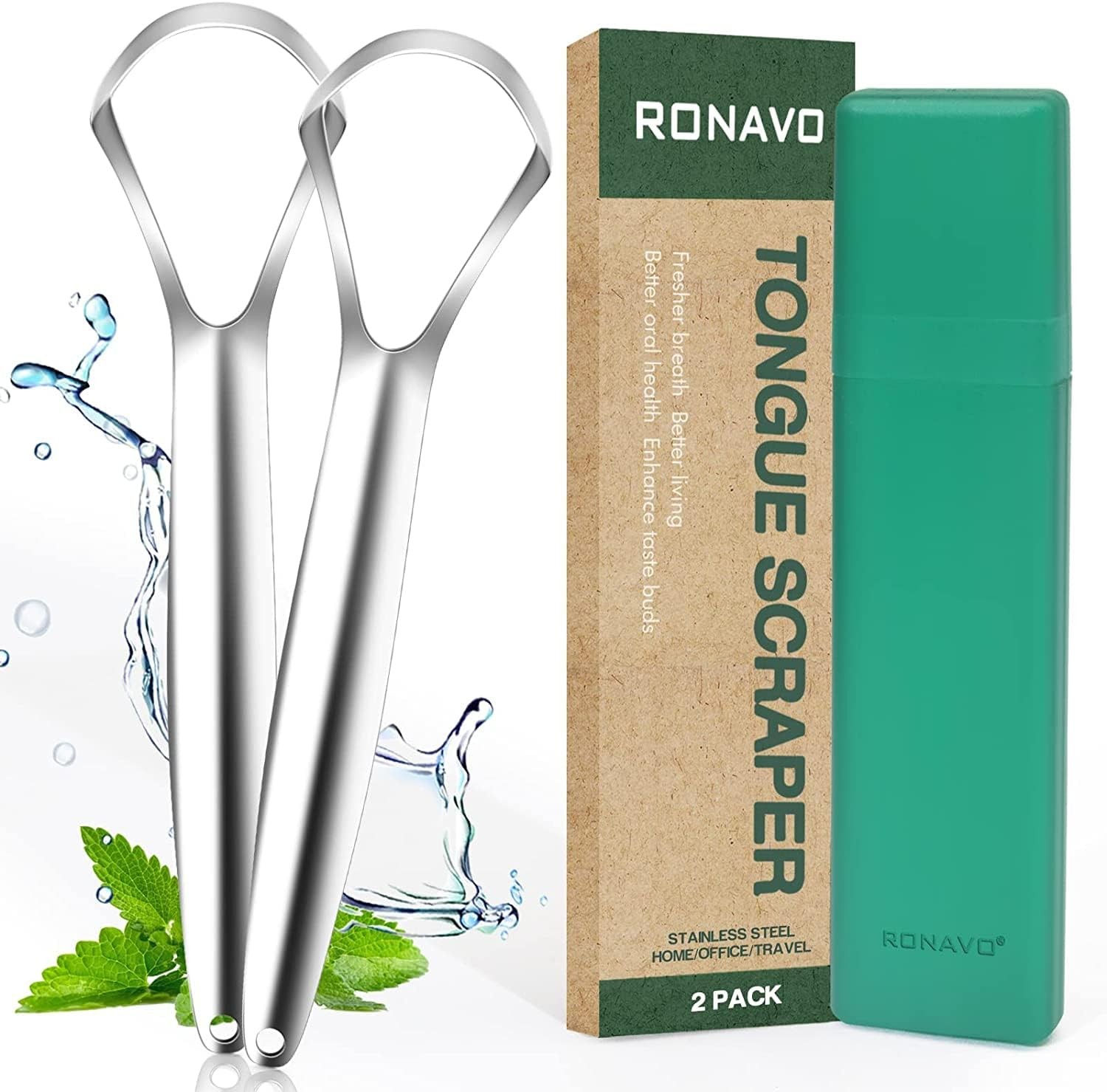 Tongue Scraper (2 Pack), Cure Bad Breath (Medical Grade), Stainless Steel Tongue Cleaners, 100% BPA Free Metal Tongue Scrapers Fresher Breath in Seconds.By RONAVO