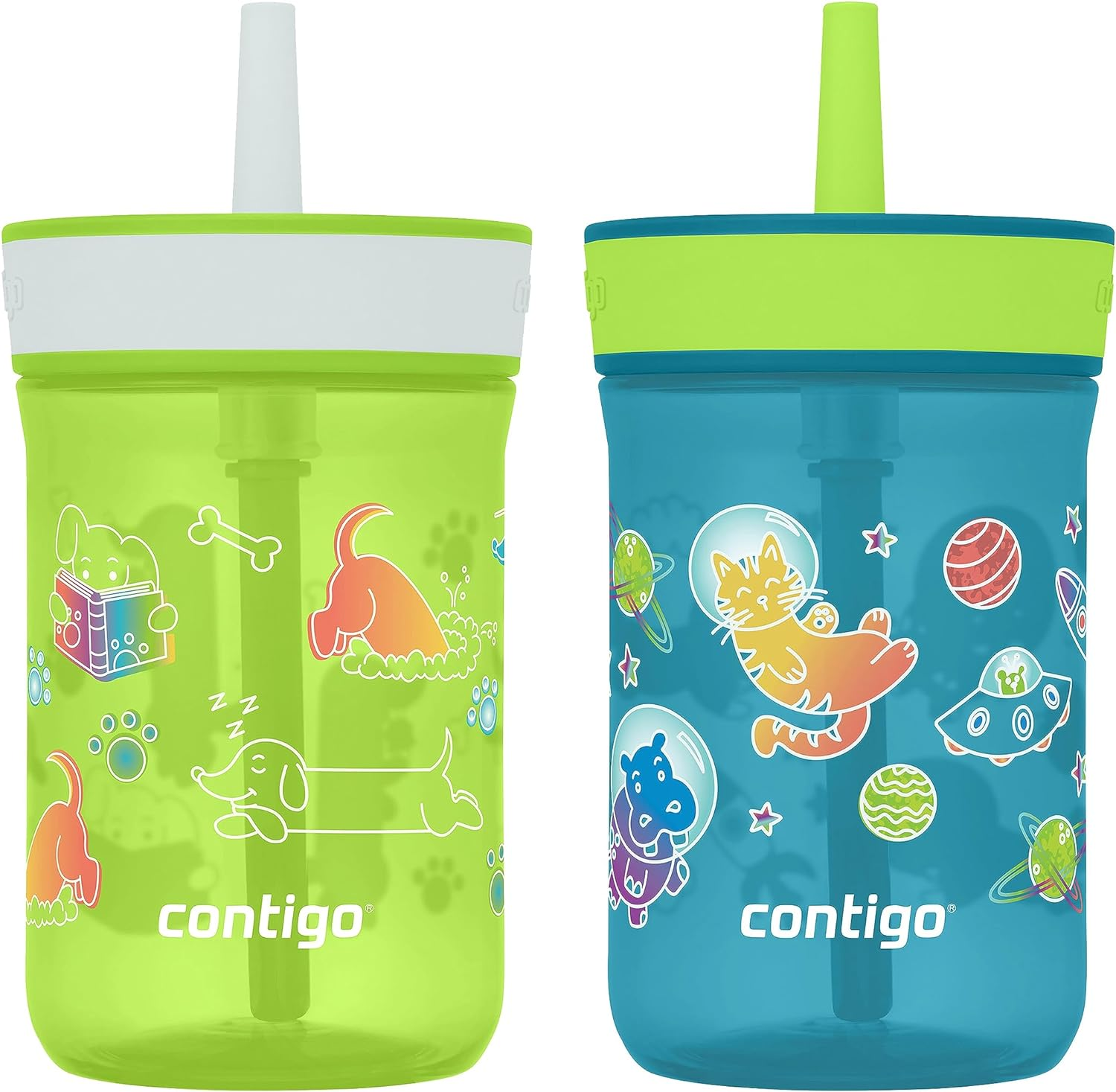 Contigo Leighton Kids Plastic Water Bottle, Spill-Proof Tumbler with Straw for Kids, Dishwasher Safe, 14Oz 2-Pack, Lime/Dogs & Juniper/Space