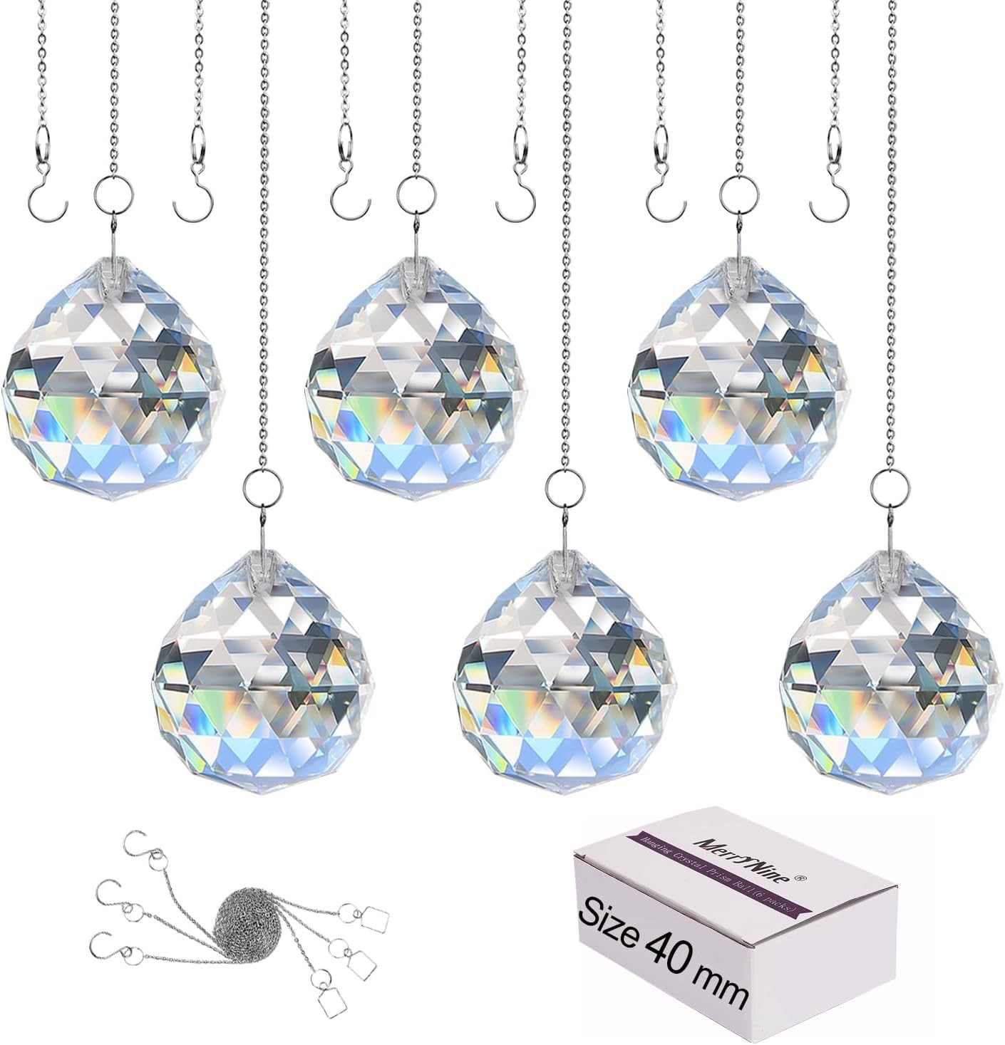 Merrynine 6 Pcs Clear Crystal Ball Prism Sun Shine Catcher Rainbow Pendants Maker, Hanging Crystals Prisms for Windows, for Feng Shui, for Gift (1.6″/40Mm 6Pack)