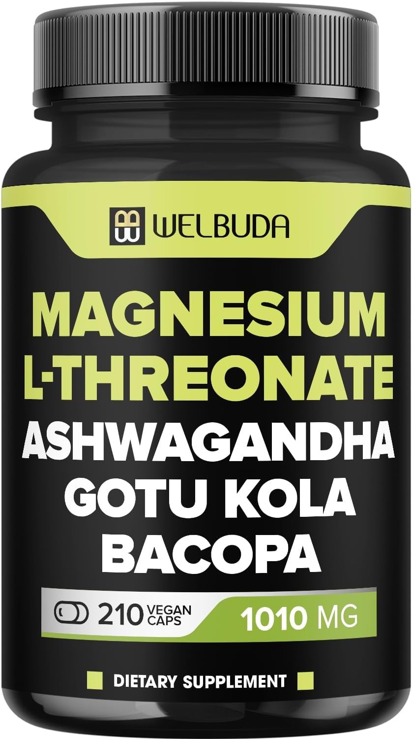 Magnesium L-Threonate Capsules 1010Mg – 210 Capsules – Blended with Ashwagandha Root, Gotu Kola Leaf & More