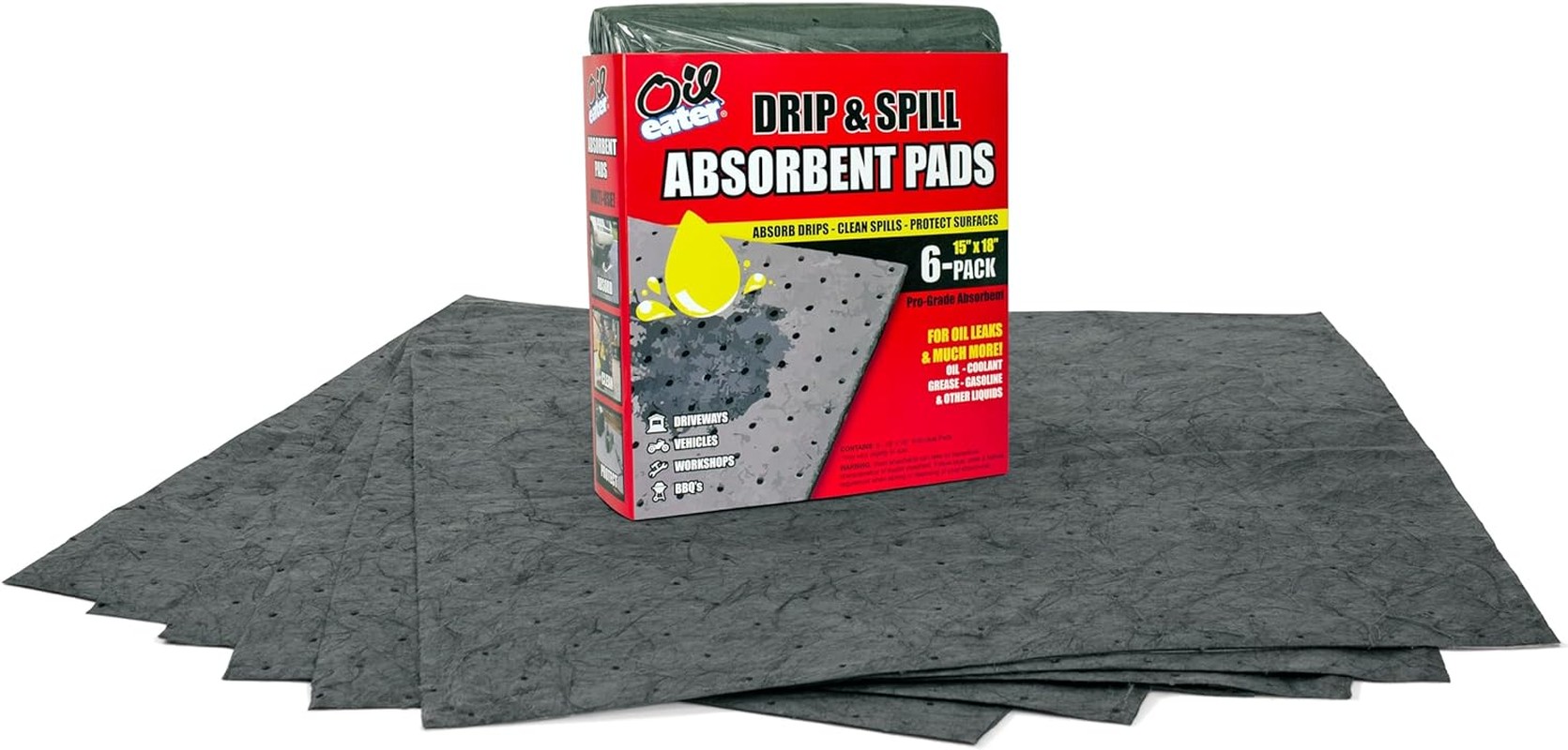 Oil Eater Drip & Spill Universal Pads – Absorbs Liquids | Soaks Oil, Grease, Coolant and Water-Based Fluids – Car, Truck, RV, Motorcycle and Tools – 6 Pack,Grey,15″ X 18″,AOA-BPL006-GREY