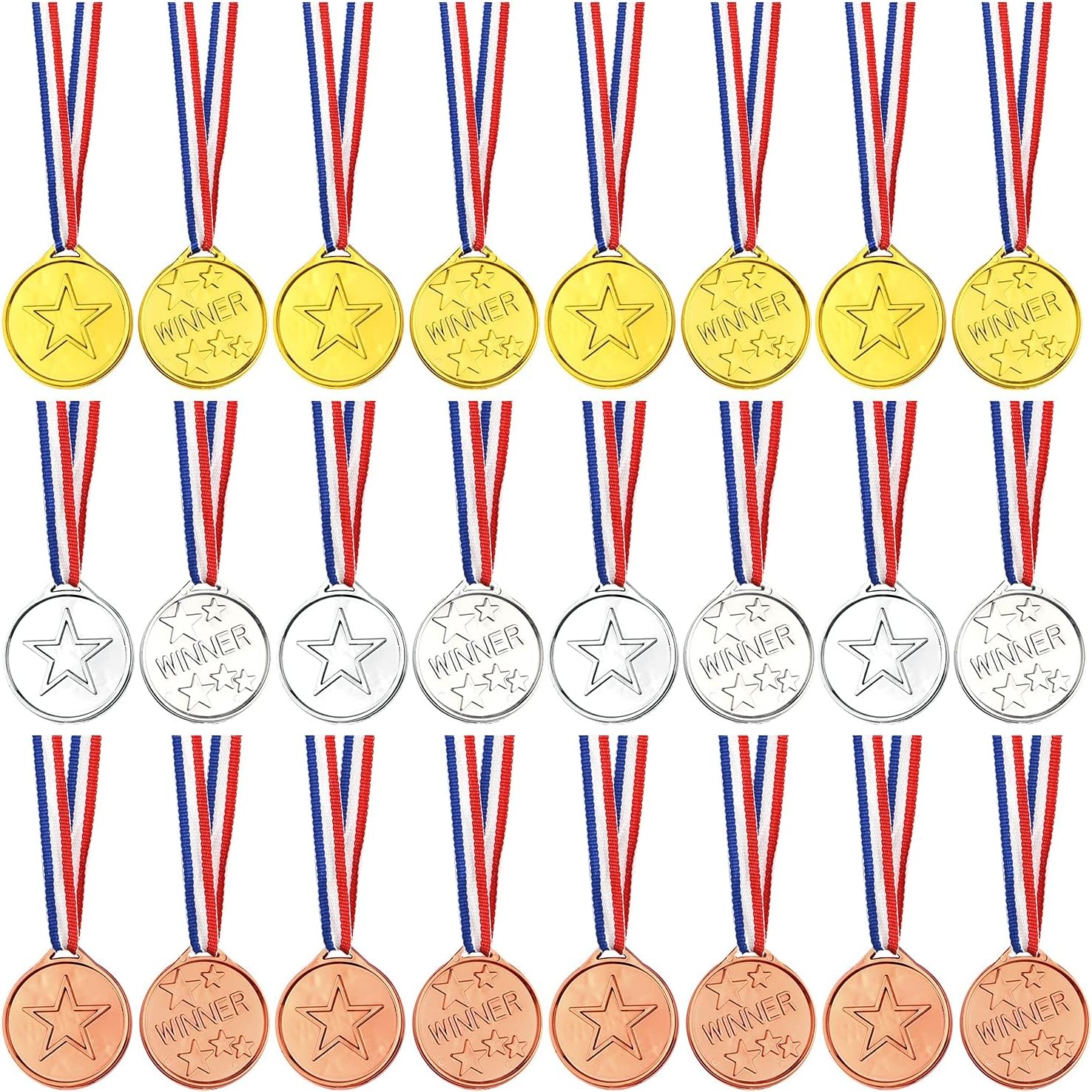 FEPITO 36 Pcs Winner Medals Kids Plastic Gold Medals Silver Medals and Bronze Medals for Kids Party Favor Decorations and Sports Awards