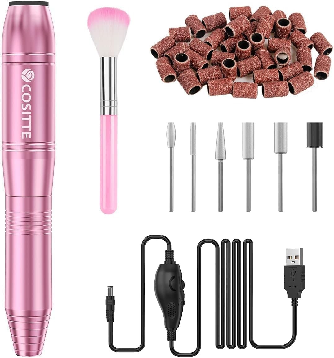 COSITTE USB Electric Nail Drill, Portable Electric Nail File for Acrylic Gel Nails, Professional Nail Drill Kit Manicure and Pedicure Kit with Nail Drill Bits for Home and Salon Use, Pink