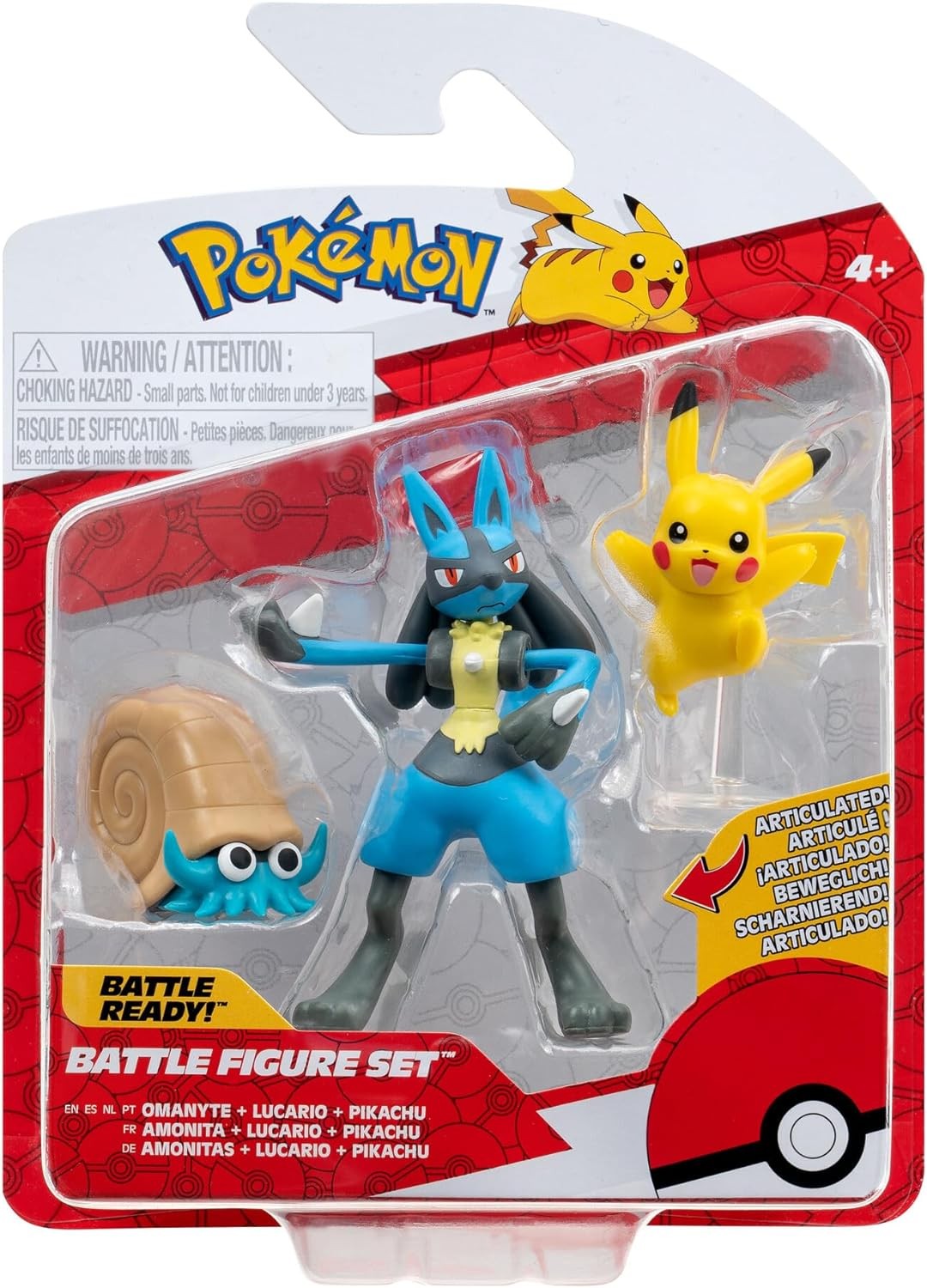 Pokémon PKW3054 Battle Figure Set – Pikachu, Amonitas, Lucario, Official Pokémon Figure Set