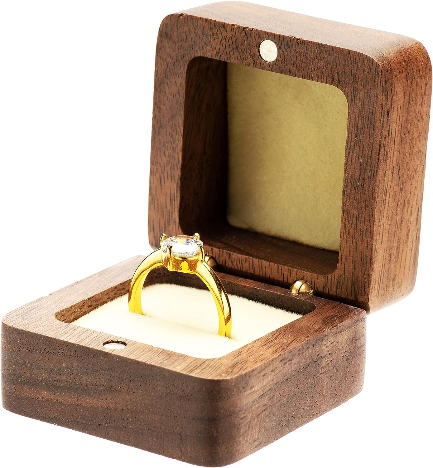 COSISO Vintage Wood Engagement Ring Gift Box Jewelry Storage Box for Proposal Birthday (Beige Inner)