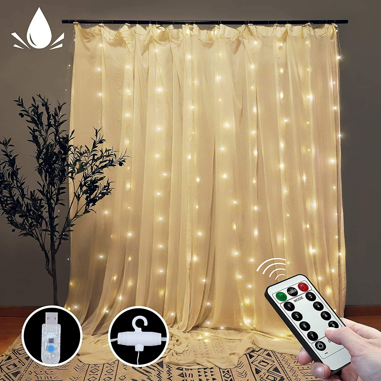 Curtain String Lights with Remote, LT 300 Leds Window Curtain Fairy Lights 8 Modes 9.8Ftx9.8Ft USB Powered Fairy Lights for Party Bedroom Wall, Christmas Wedding Party Home Garden Outdoor Indoor Wall Decorations (Warm White)