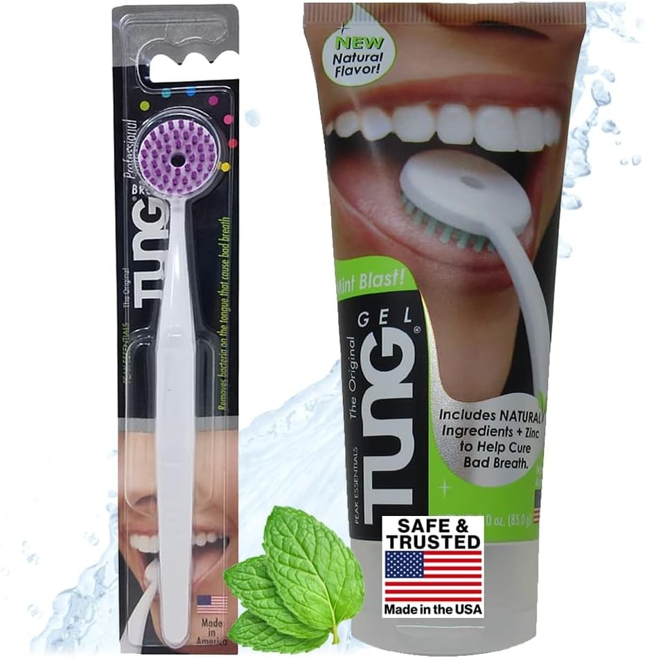 Peak Essentials | TUNG Natural Brush & Gel Kit | Tongue Cleaner for Adults | Tongue Scraper to Fight Bad Breath and Halitosis | Mouth Odor Eliminator | Fresh Mint | Made in America (Starter Pack)