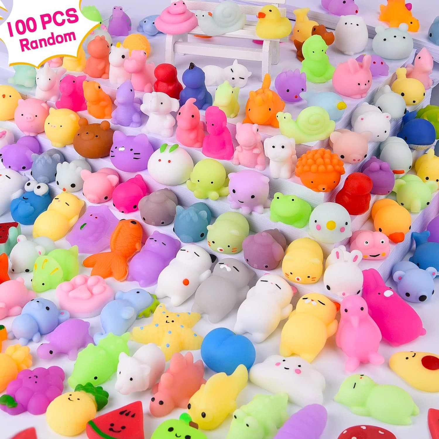 Mini Stress Relief Toys,100 Pcs Mini Squishies Kawaii Animal ,Stress Reliever Anxiety Toys for Kids Adults, for Halloween Christmas Easter Party Favors, Classroom Prizes, Birthday Gifts